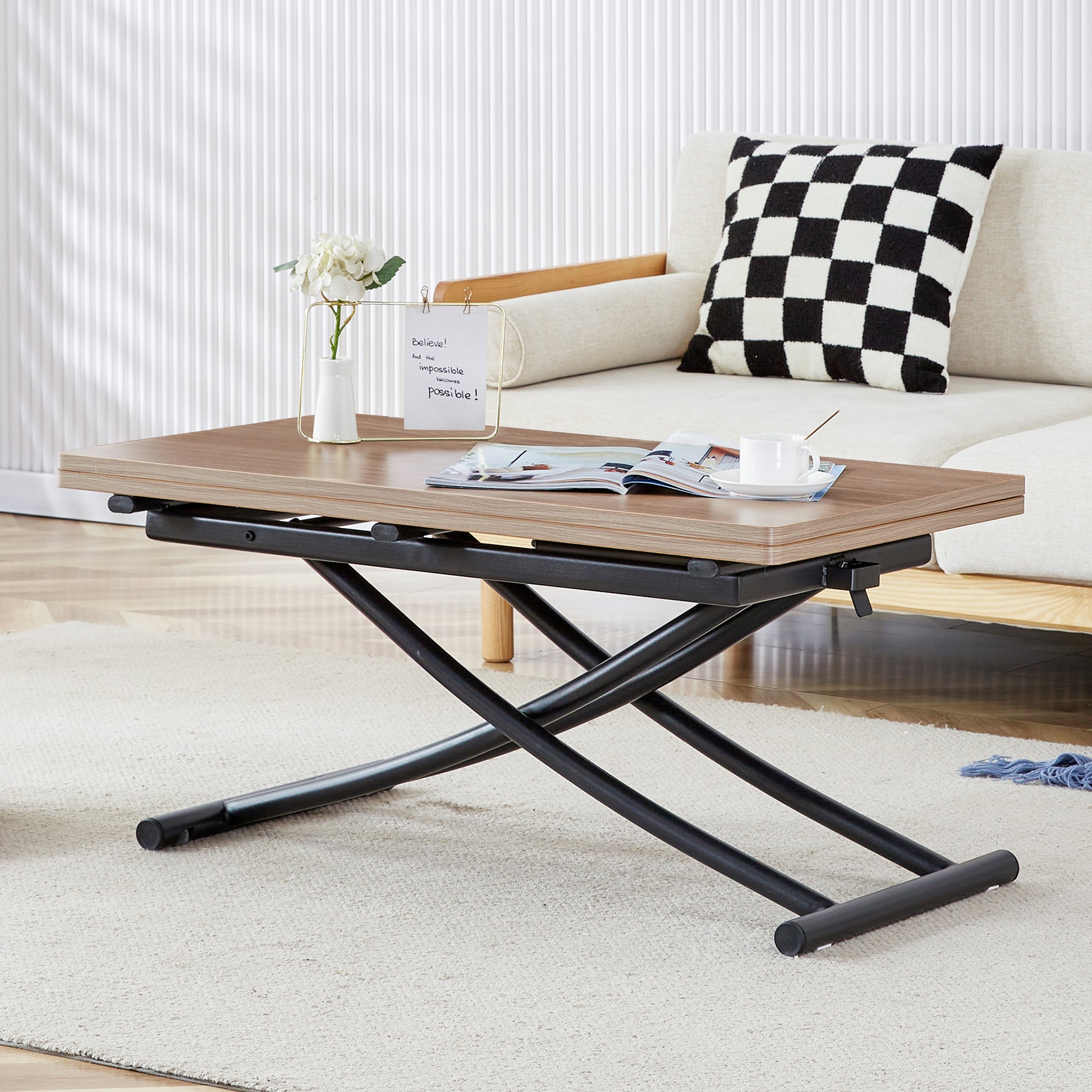 Lifttop coffee table with wood grain finish and black metal base ideal for living rooms