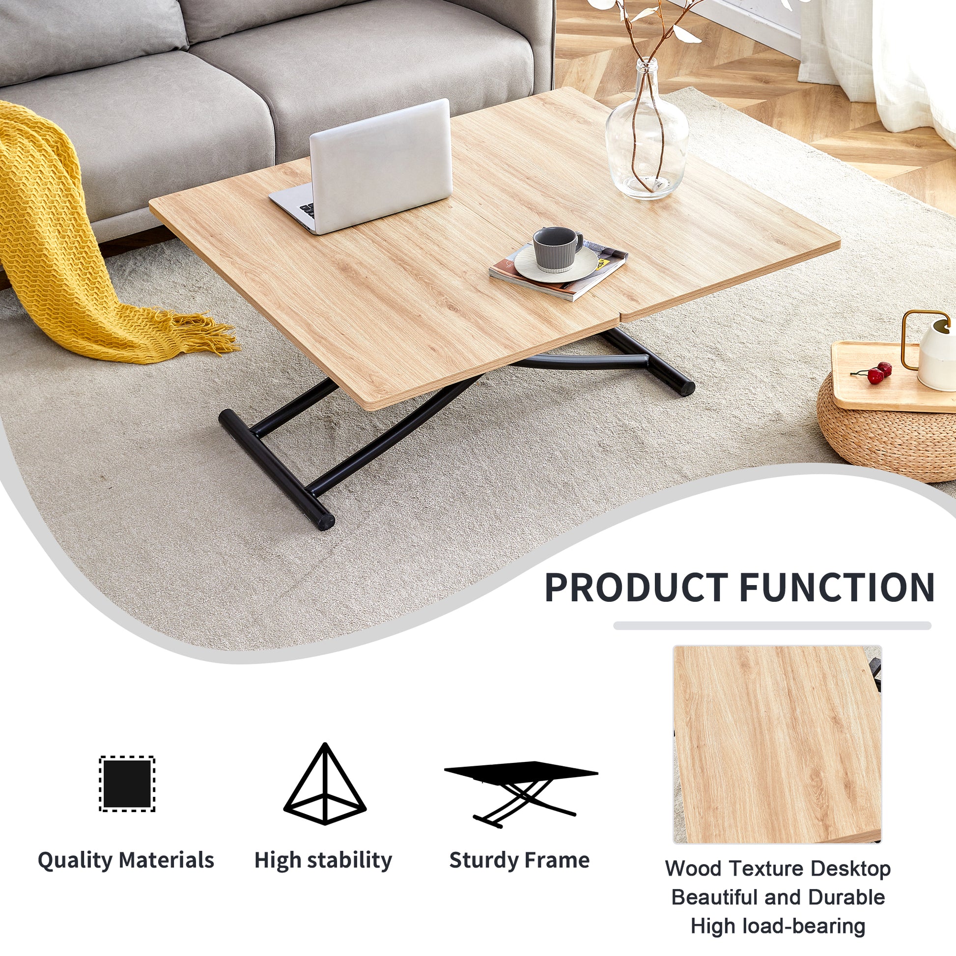 Modern lifttop coffee table with light wood grain and black metal legs ideal for living rooms