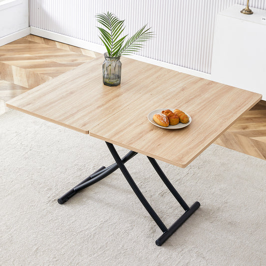 Light wood lift top coffee table with black scissor legs ideal for living rooms