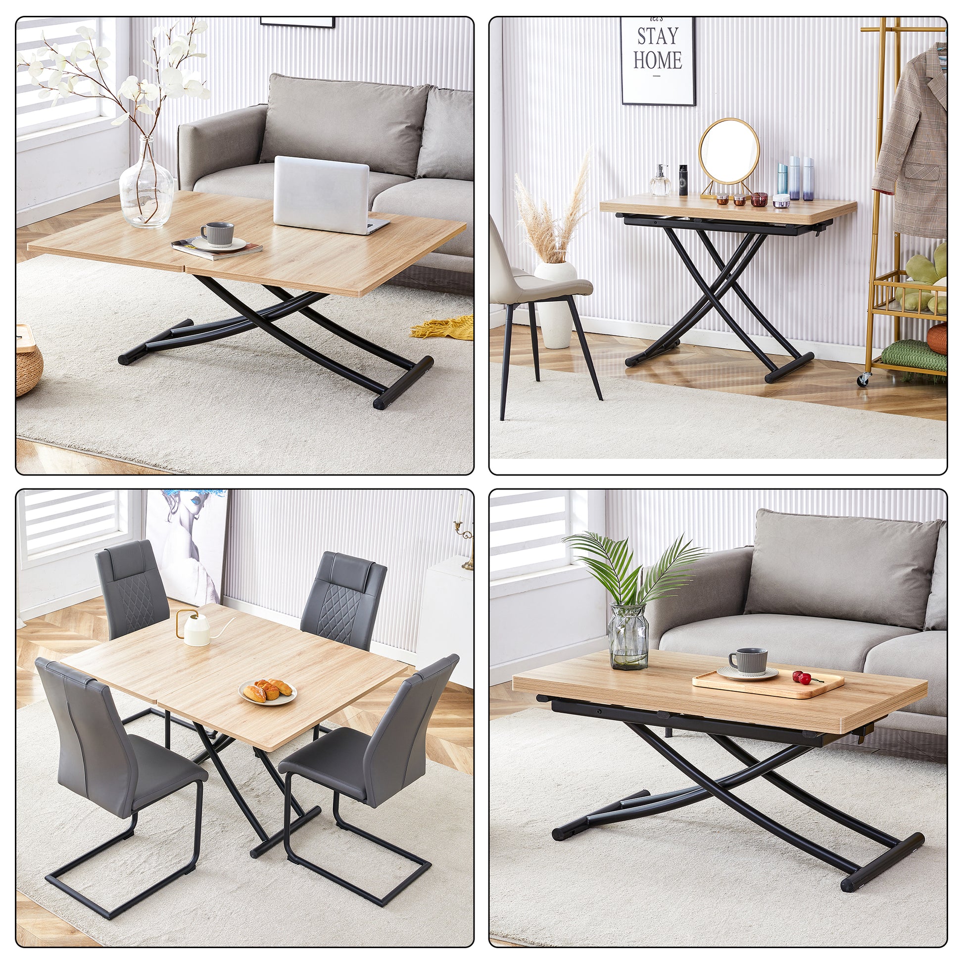 Lifttop coffee table with light wood finish and black scissor legs ideal for living rooms