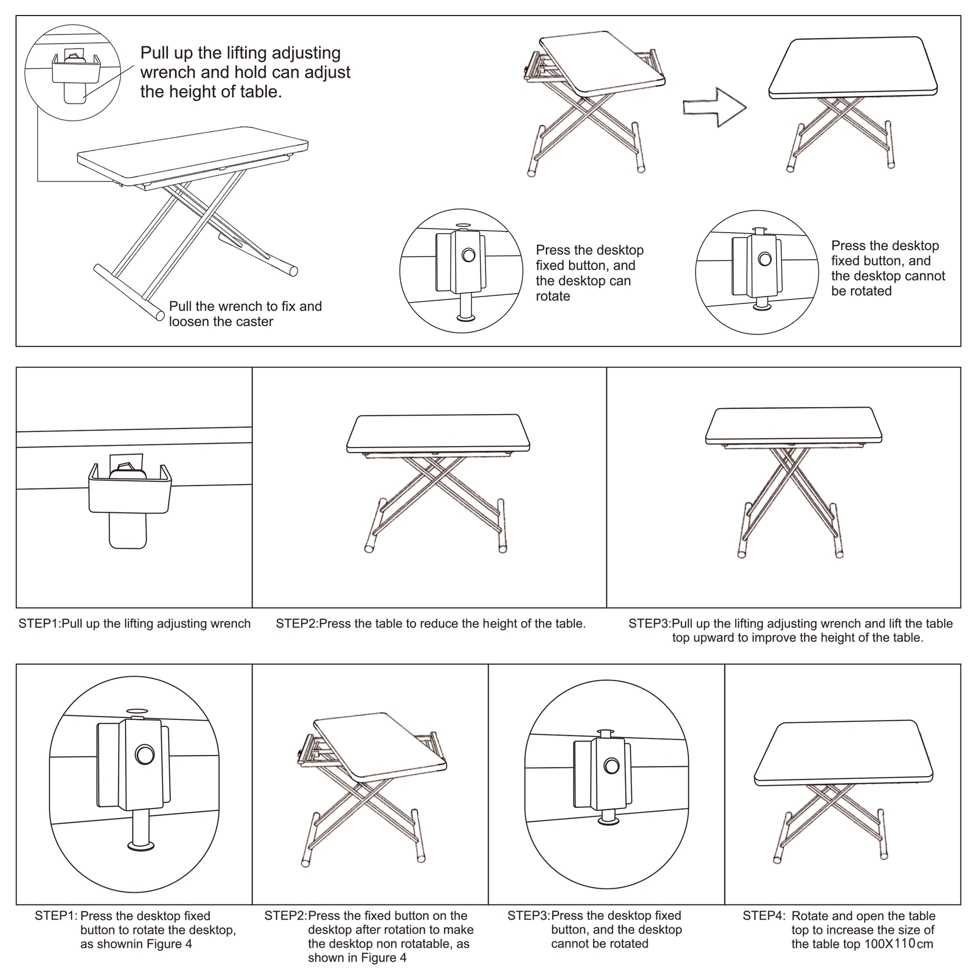 Adjusting wrench for a lifttop table showing mechanism for height adjustment