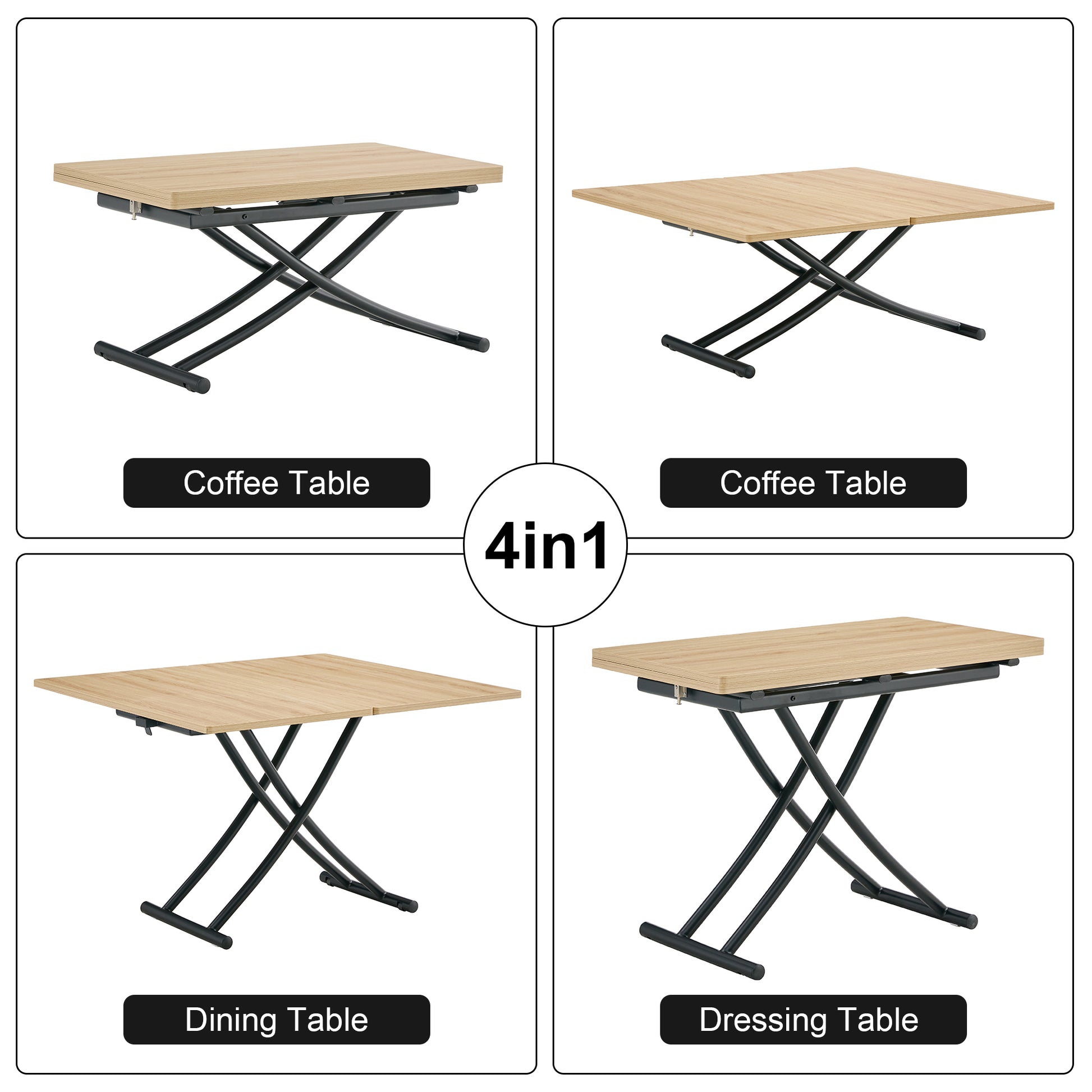 Adjustable lift top coffee table with light wood finish and black metal legs