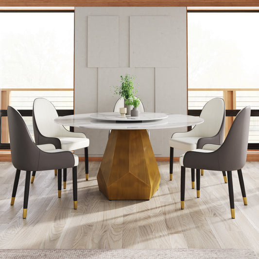 Modern white marble dining table with gold geometric base and greywhite upholstered chairs