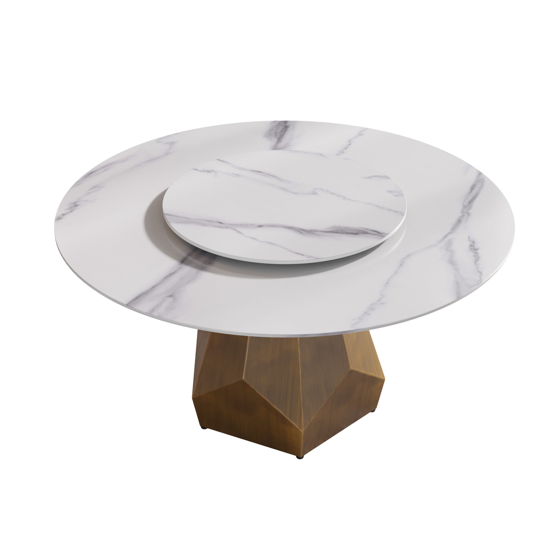 Modern white marble round dining table with a faceted bronze base