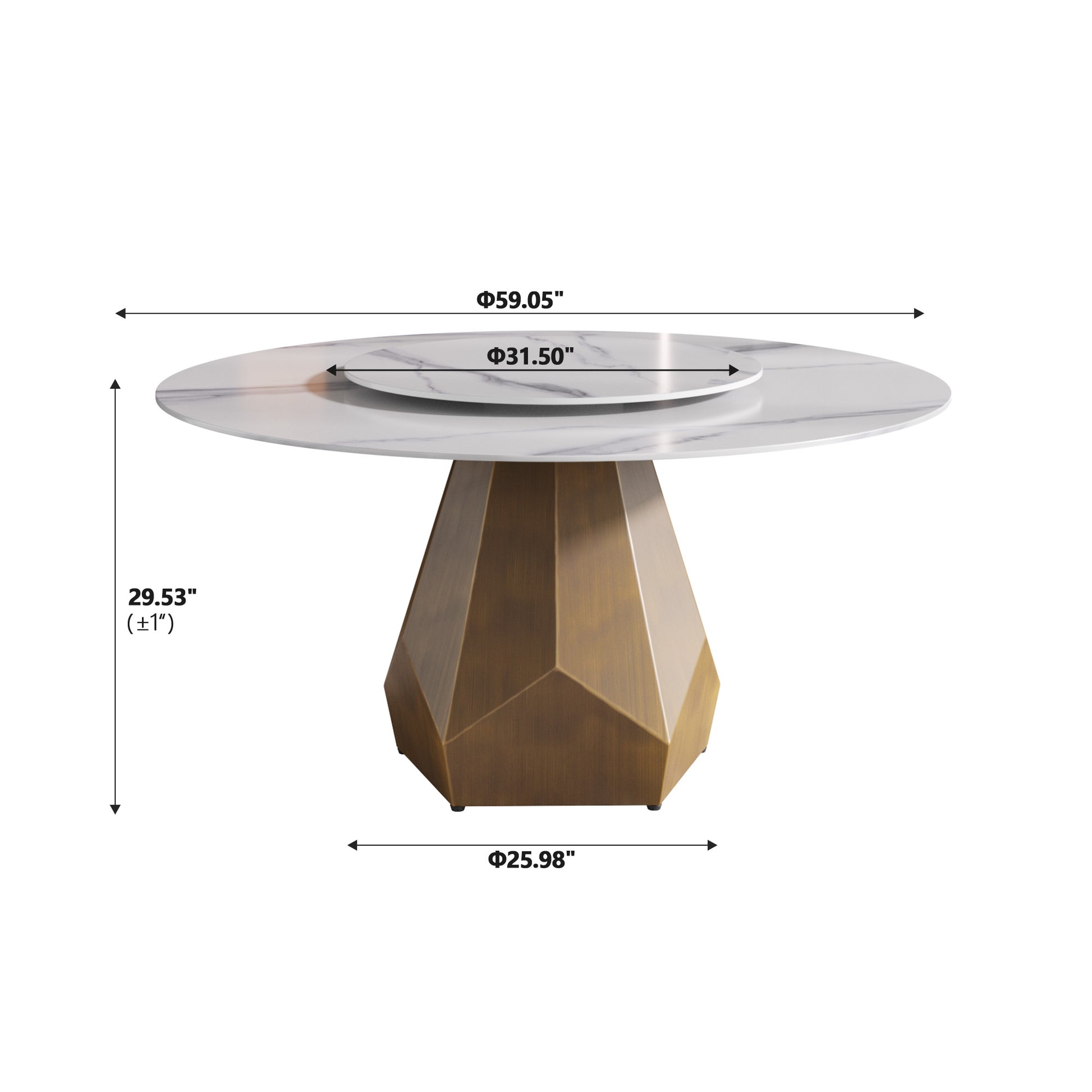 Round marble dining table with bronze geometric pedestal base