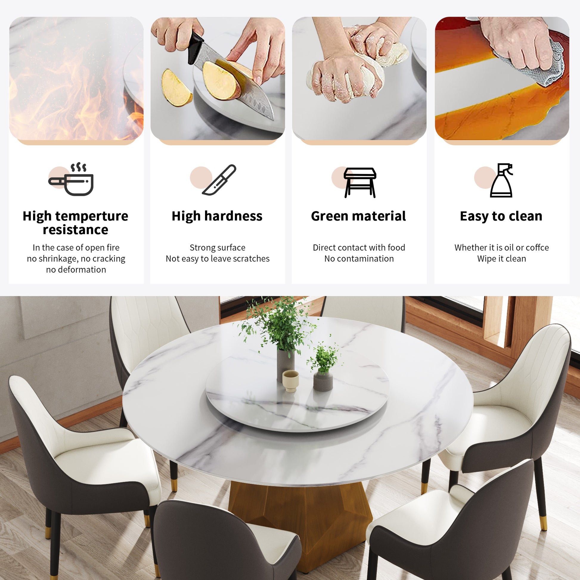 Modern marble dining table set with four upholstered chairs