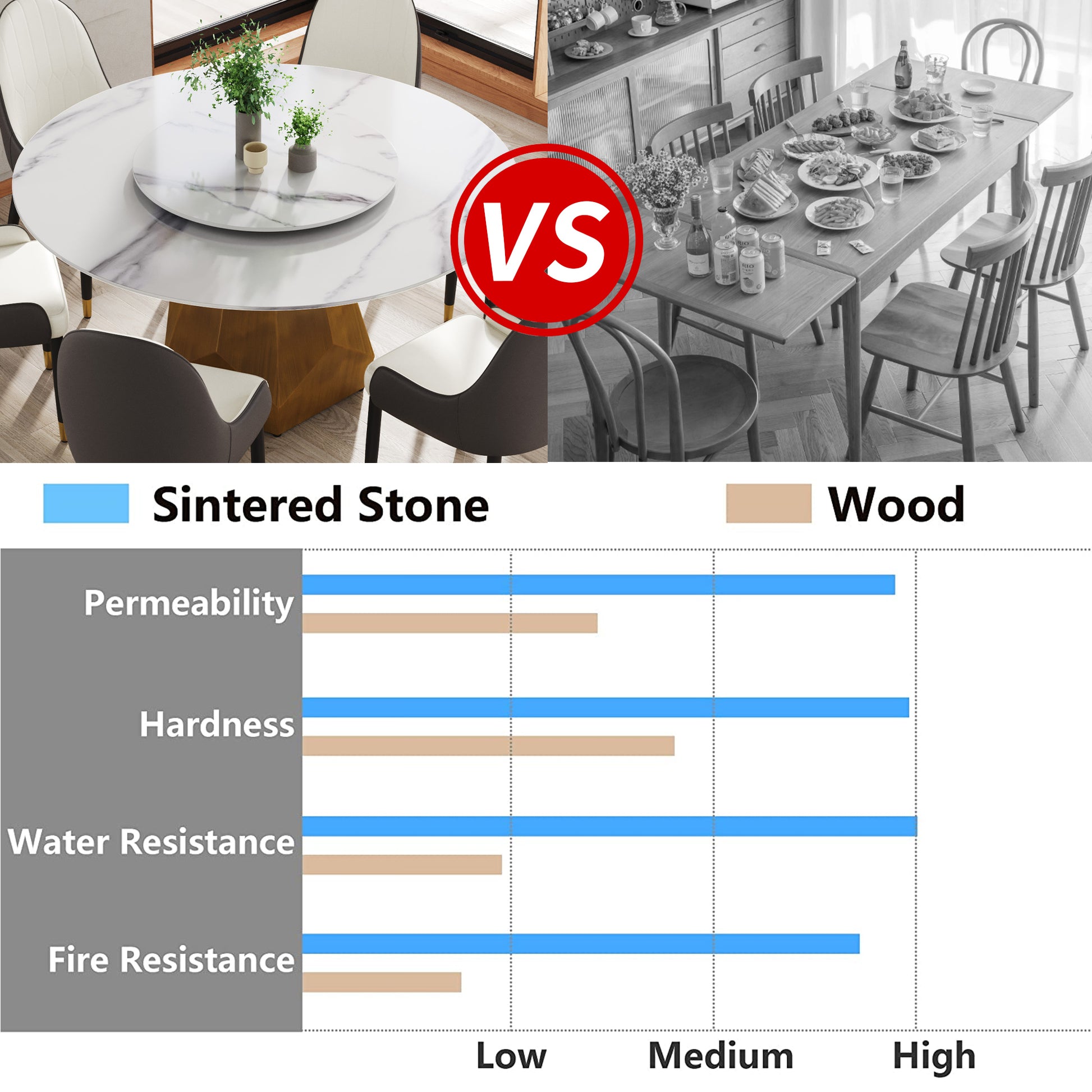 Round sintered stone dining table with marble pattern and gold base