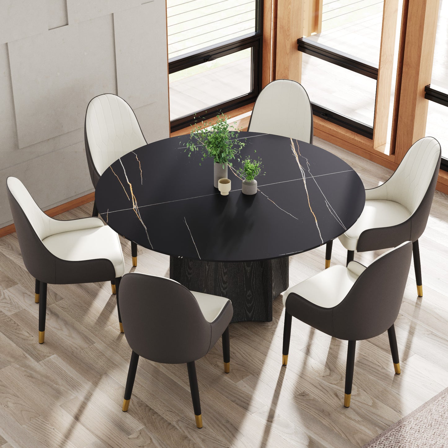 Round black marble dining table with gold veining