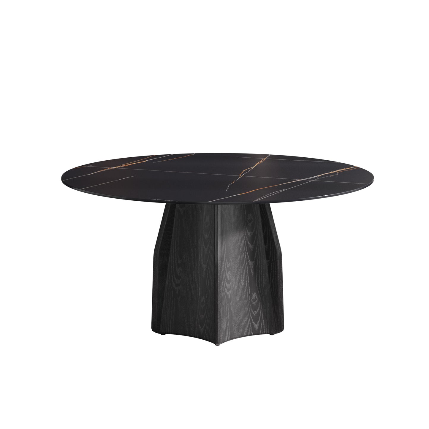 Black marble dining table with gold veining and a dark wood pedestal base
