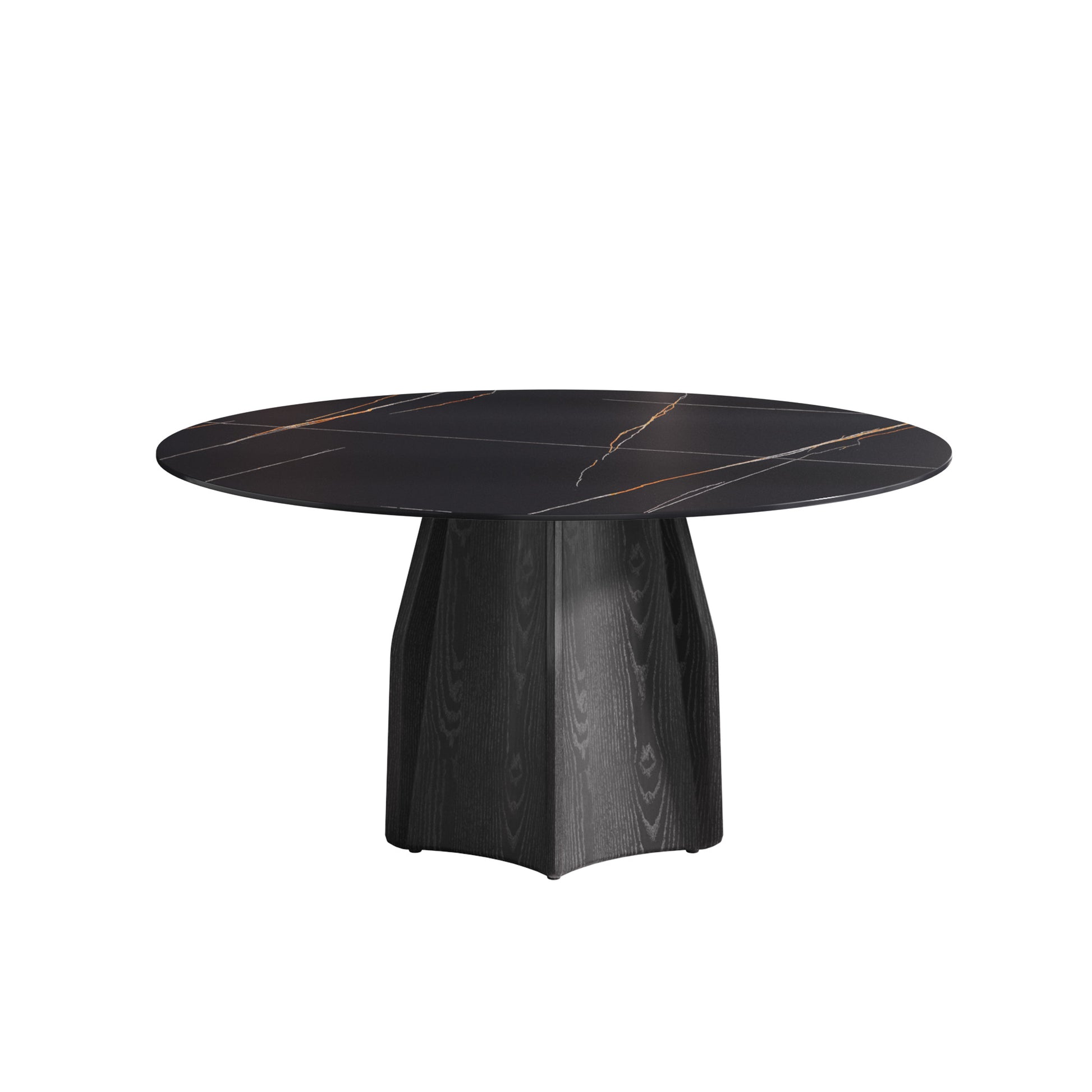 Black marble dining table with gold veining and a dark wood pedestal base