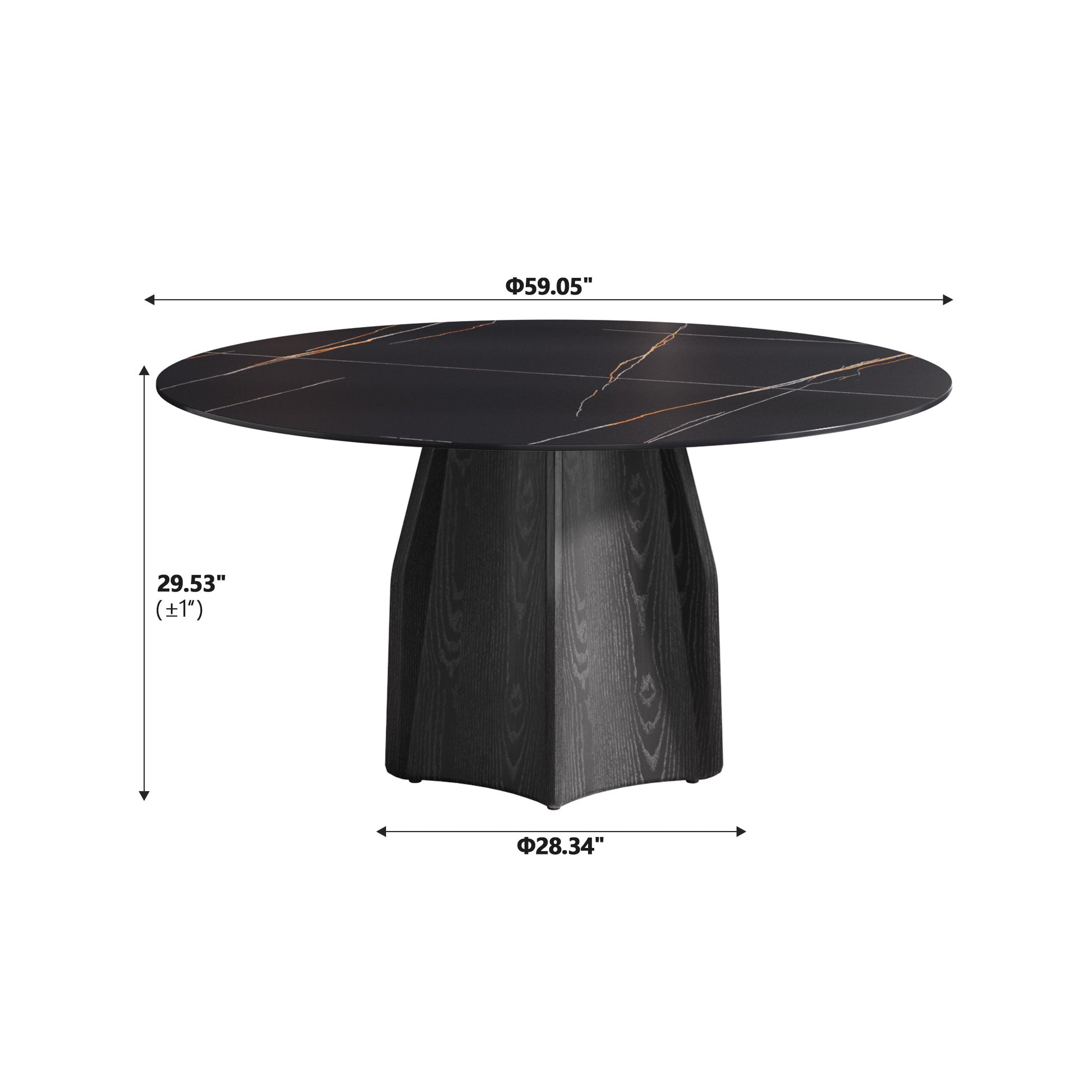 Black marble dining table with gold veins and sculpted wooden base