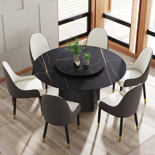 Black marble dining table with rotating top and six modern chairs