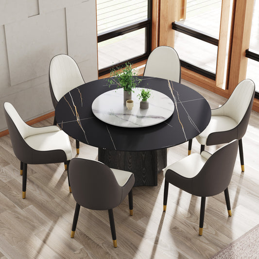 Modern black marble dining table with gold veining and six upholstered chairs