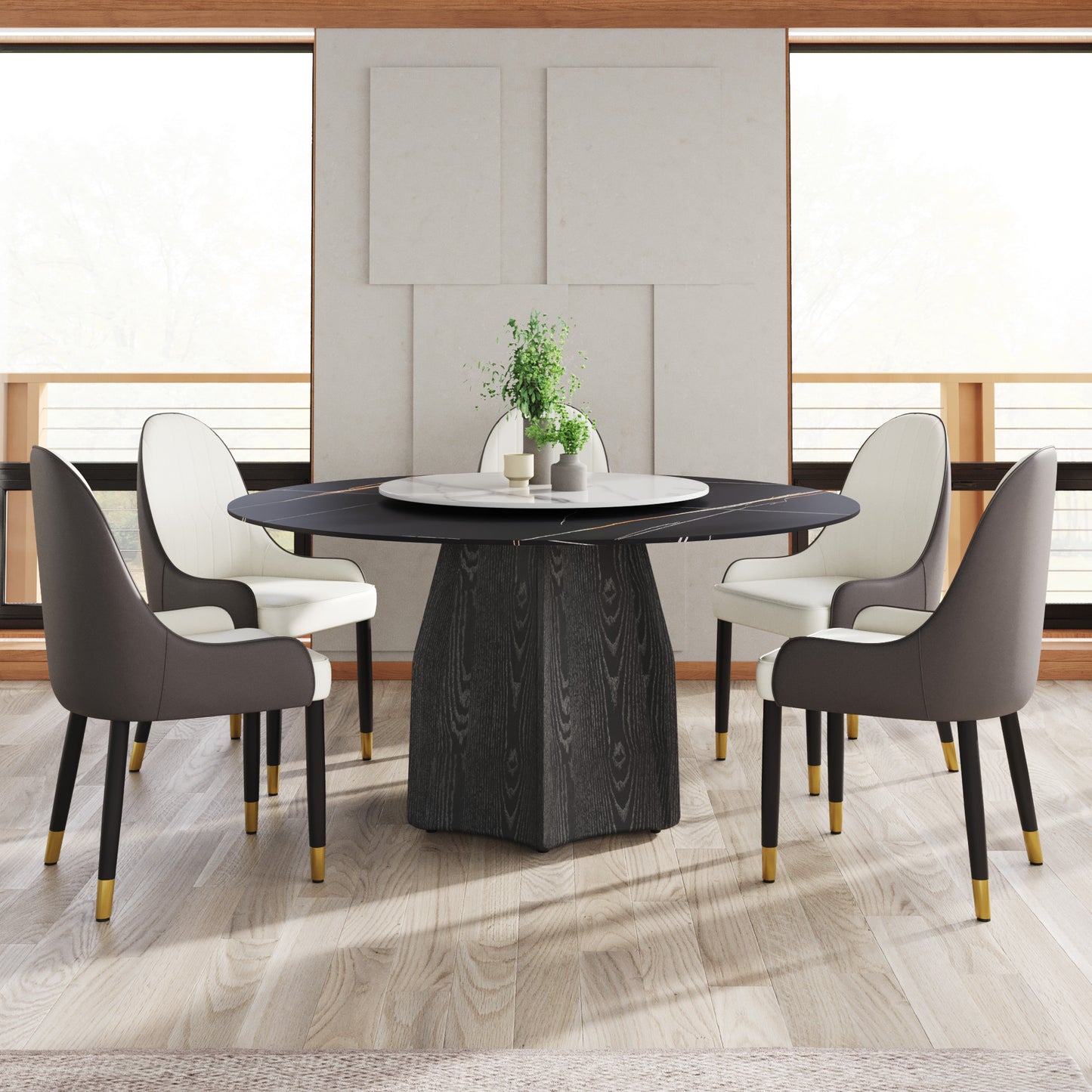 Modern black marble dining table with dark wood base