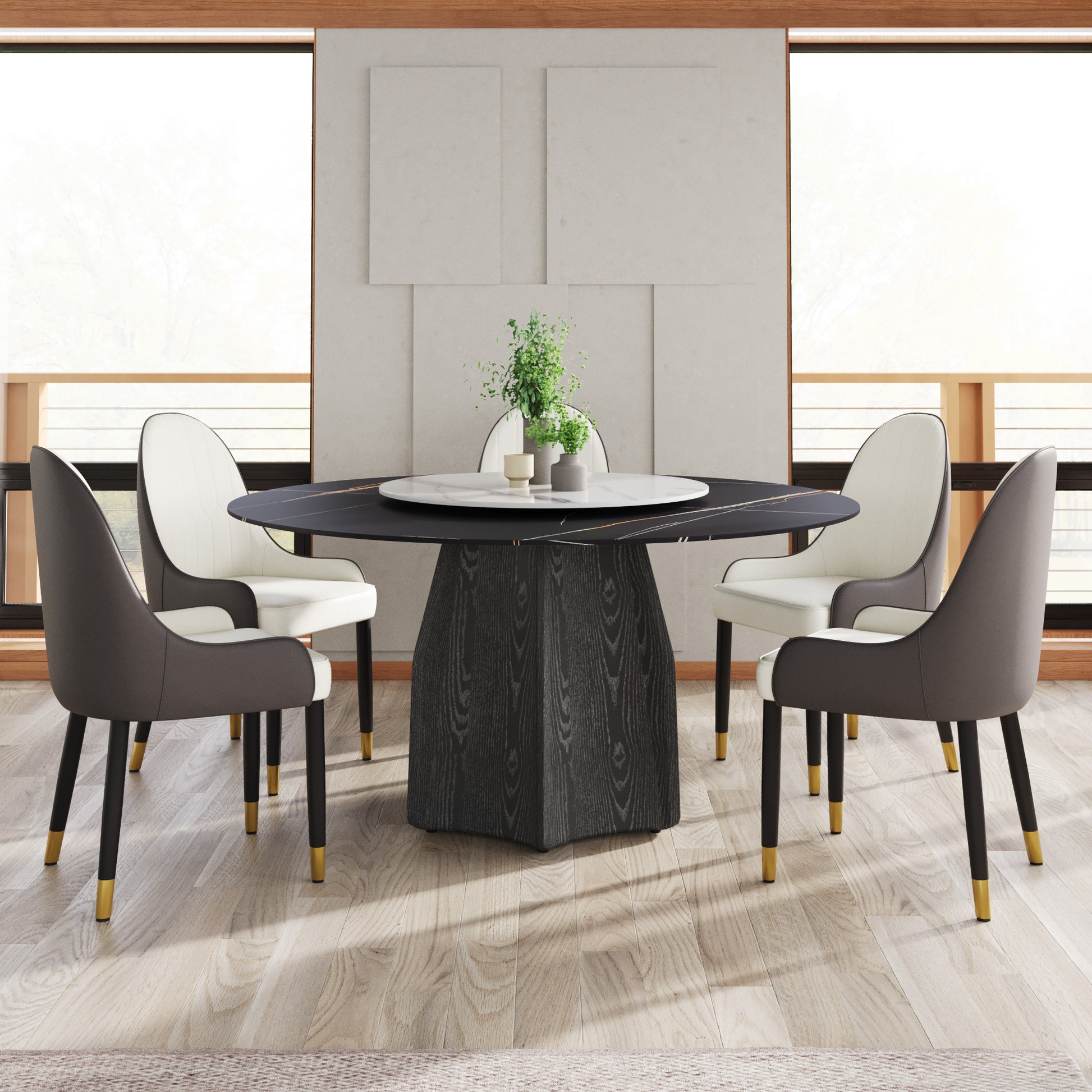 Modern black marble dining table with dark wood base