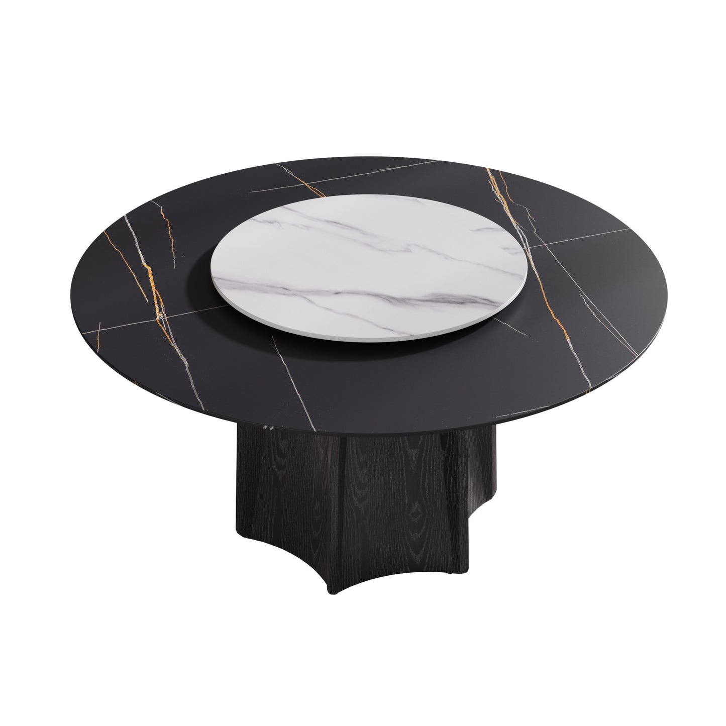 Black marble dining table with rotating white marble centerpiece