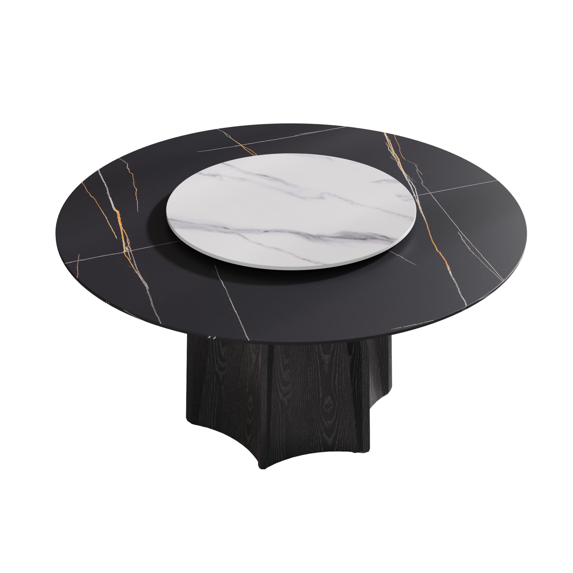 Black marble dining table with rotating white marble centerpiece