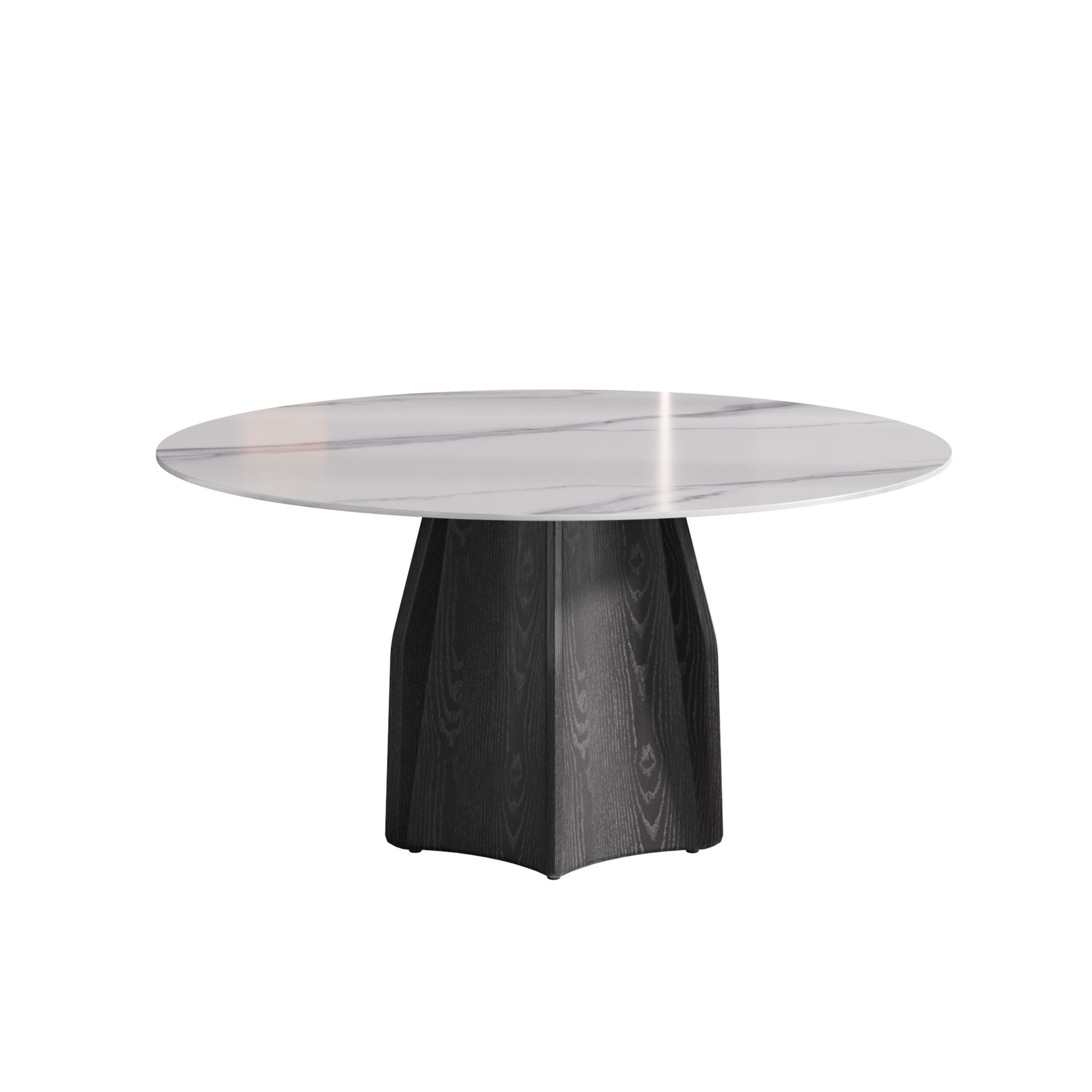 Round white marbletop dining table with a black textured pedestal base
