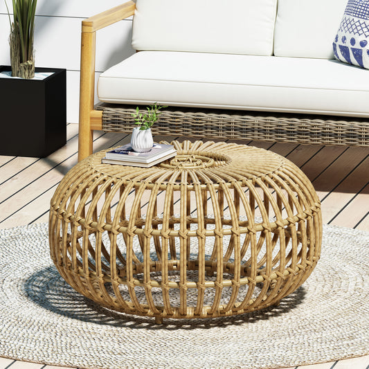 Round natural rattan coffee table with woven detail ideal for outdoor patios