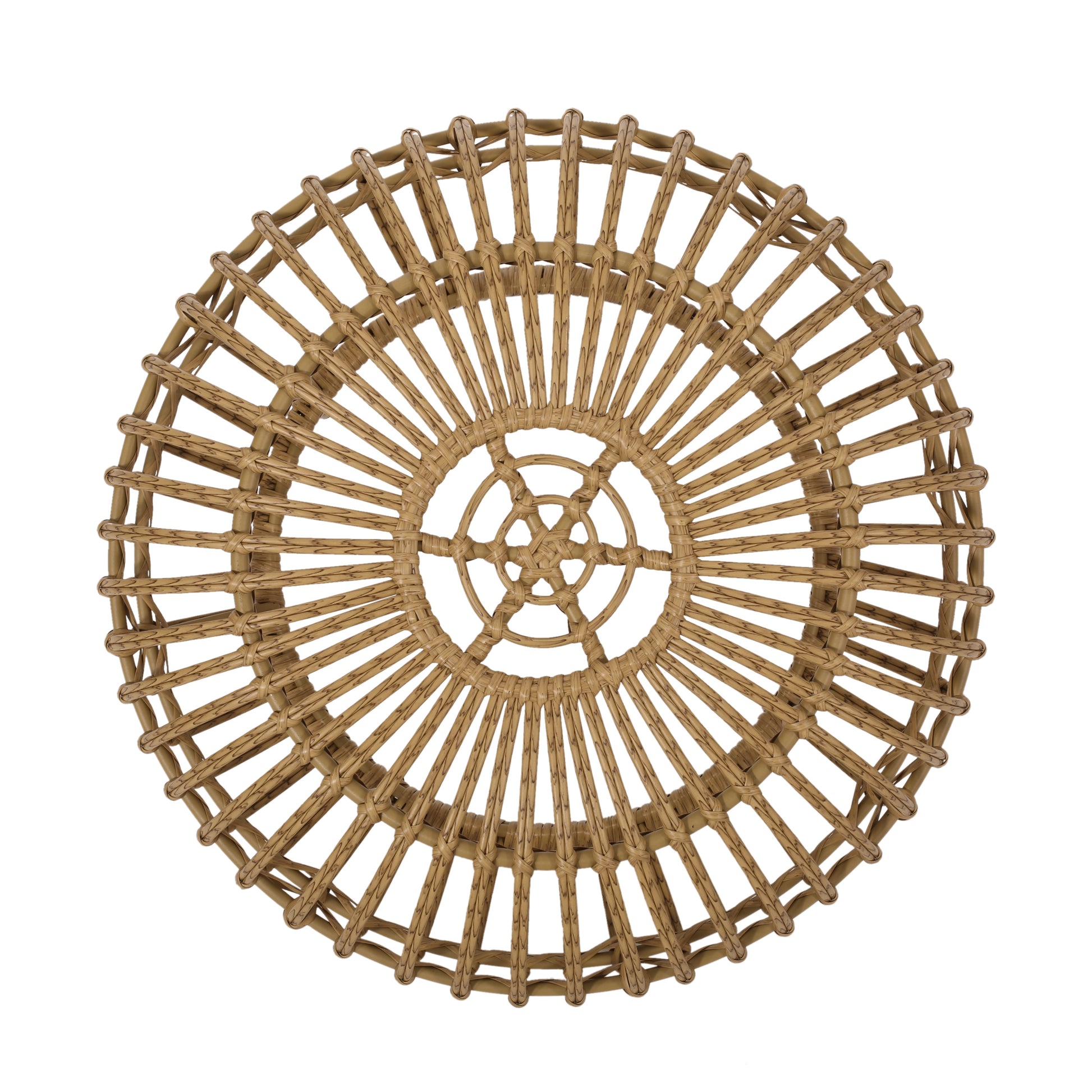 Woven rattan round coaster with natural brown tones and a detailed radiating pattern perfect for protecting surfaces