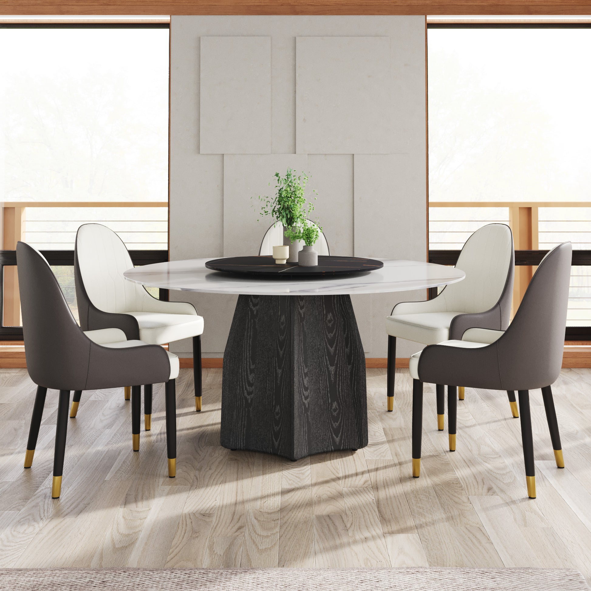 Modern marble dining table with swivel base and upholstered chairs