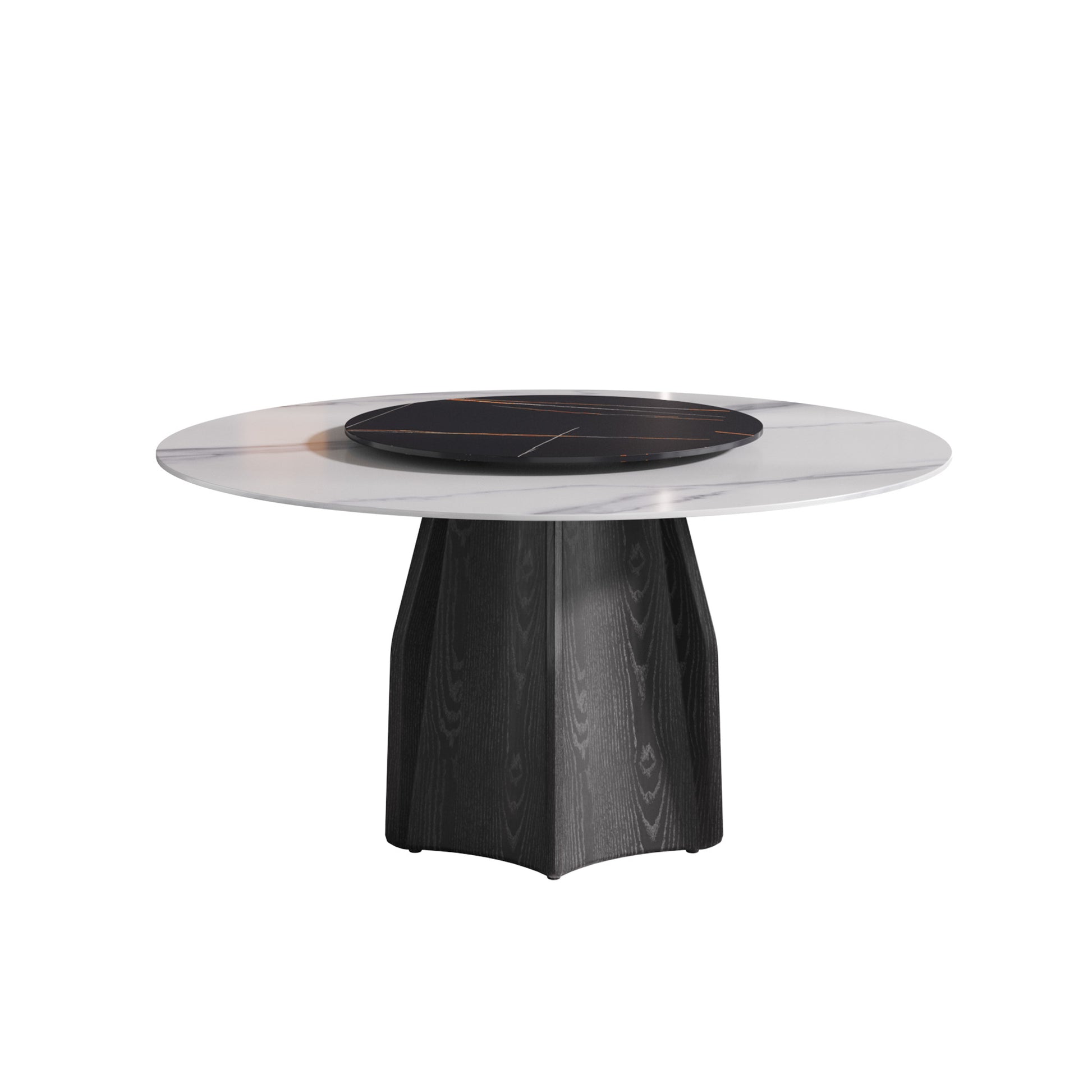 Round marble top dining table with dark wood pedestal base