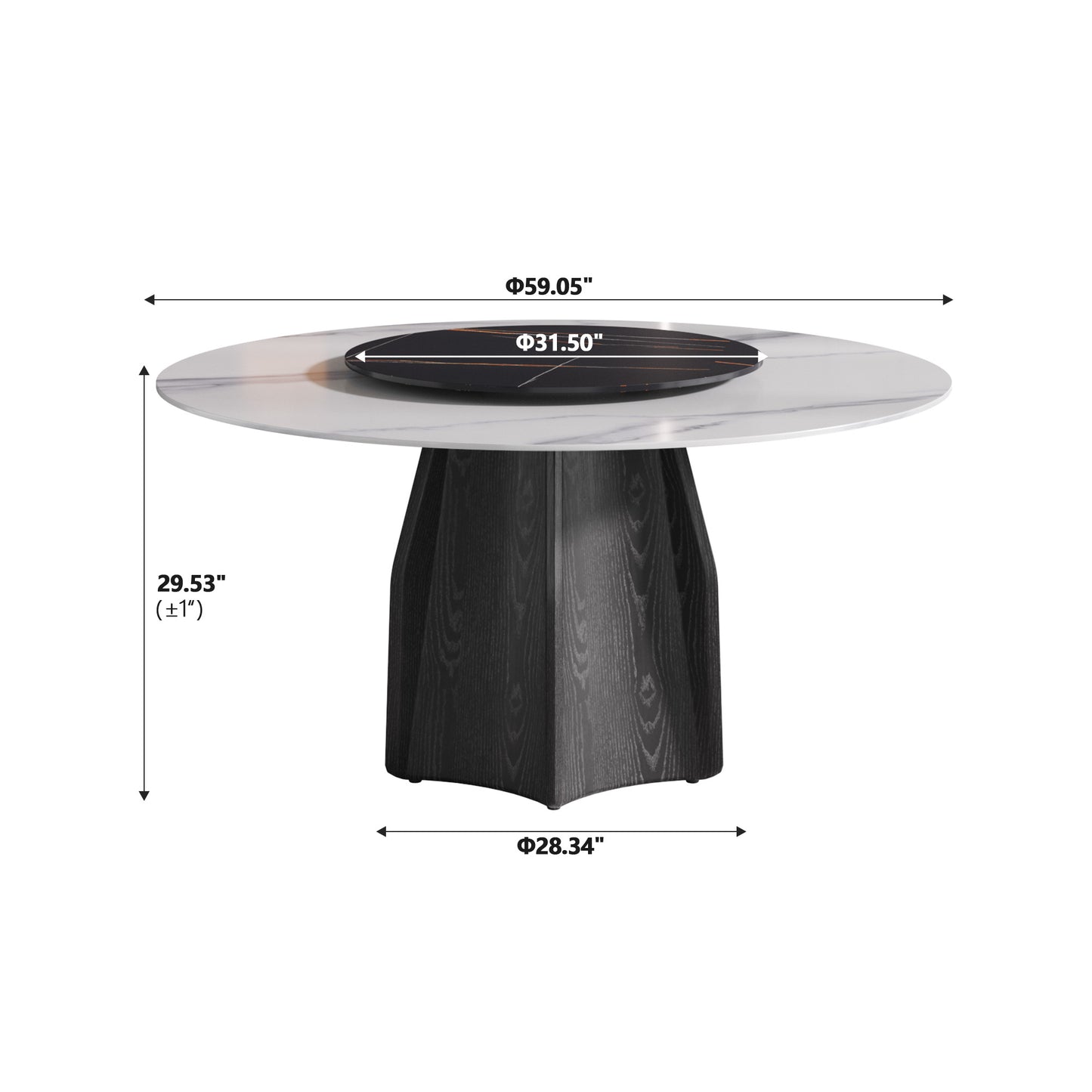 White marble top dining table with black wood pedestal base and black decorative inlay