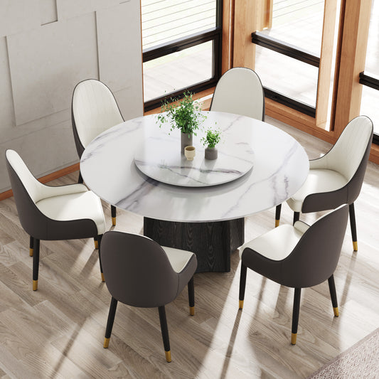 Round marble dining table with six upholstered chairs