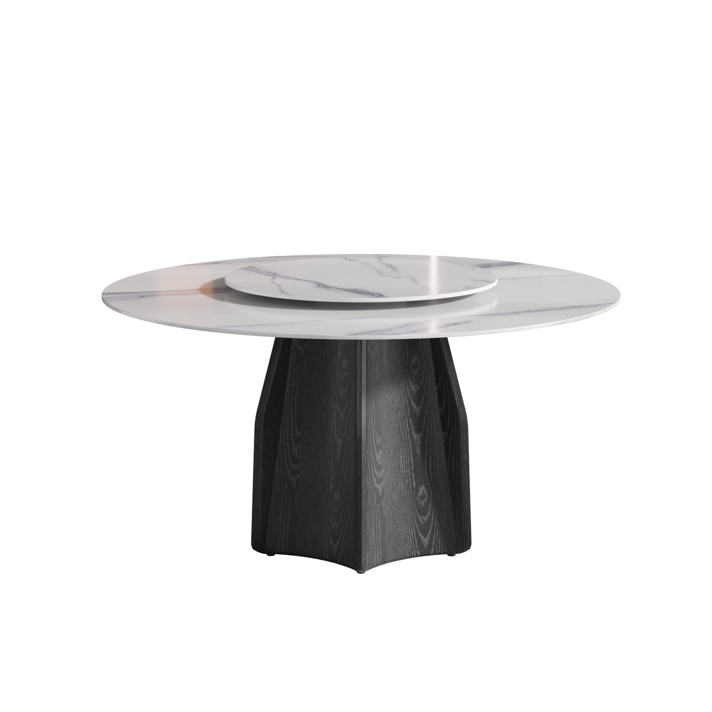 Round marble dining table with dark wood pedestal base and lazy susan
