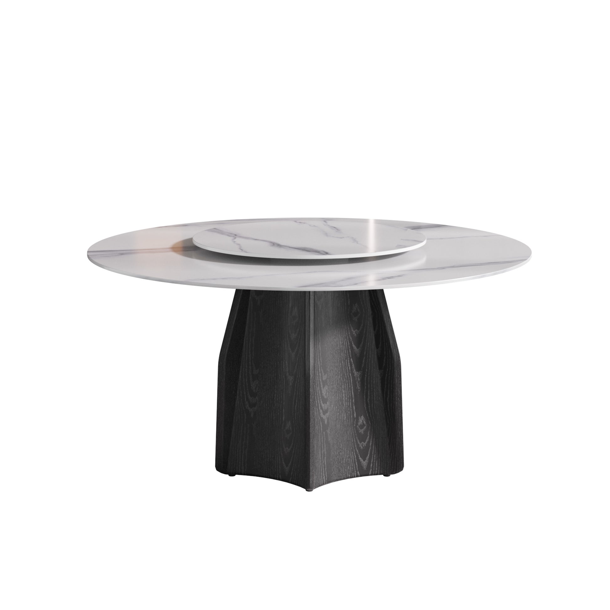 Round marble dining table with dark wood pedestal base and lazy susan