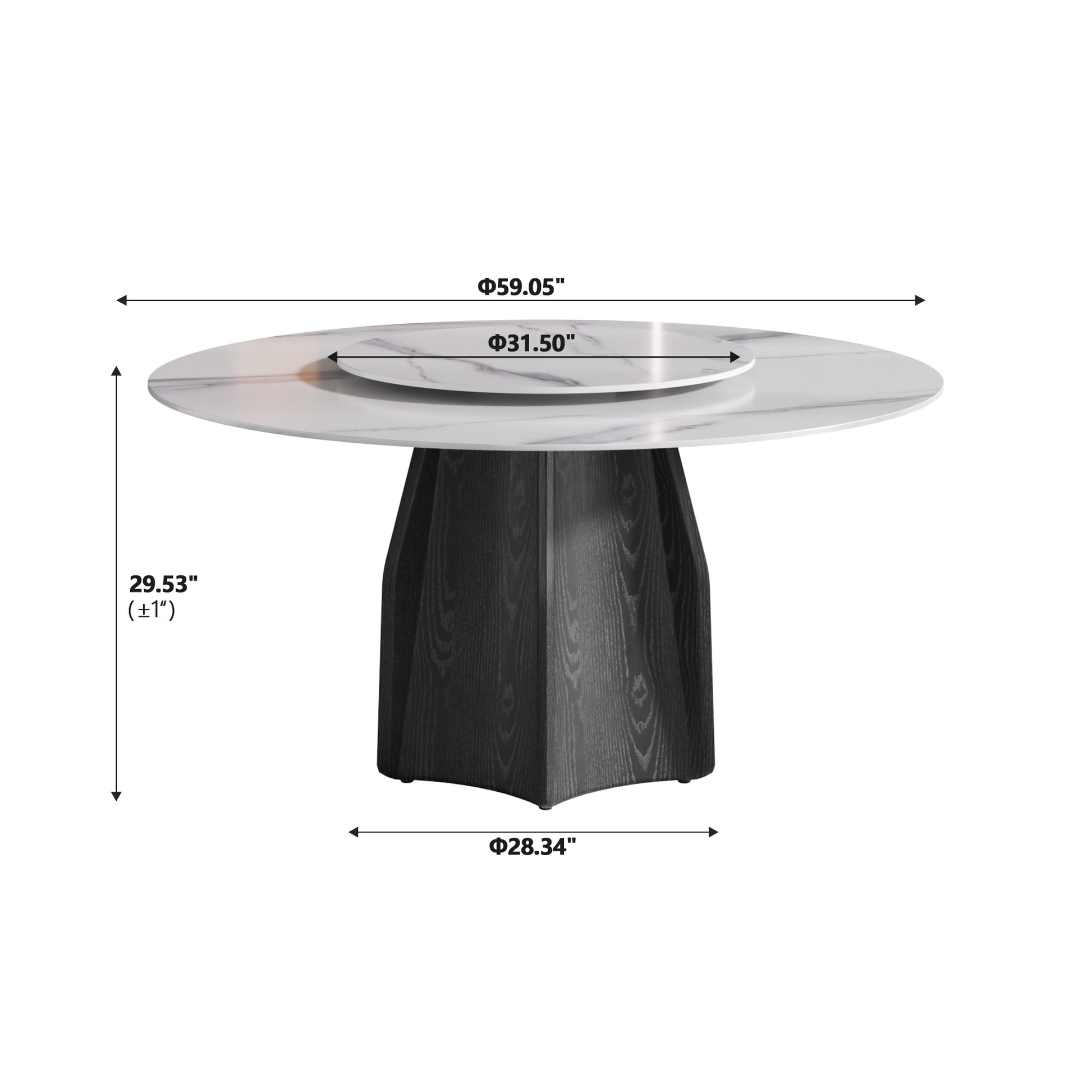 Modern round dining table with white marble top and dark wood base