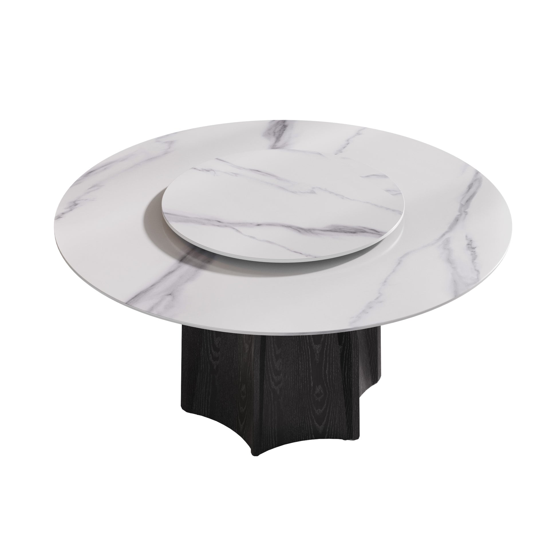 Round faux marble dining table with dark wood pedestal base
