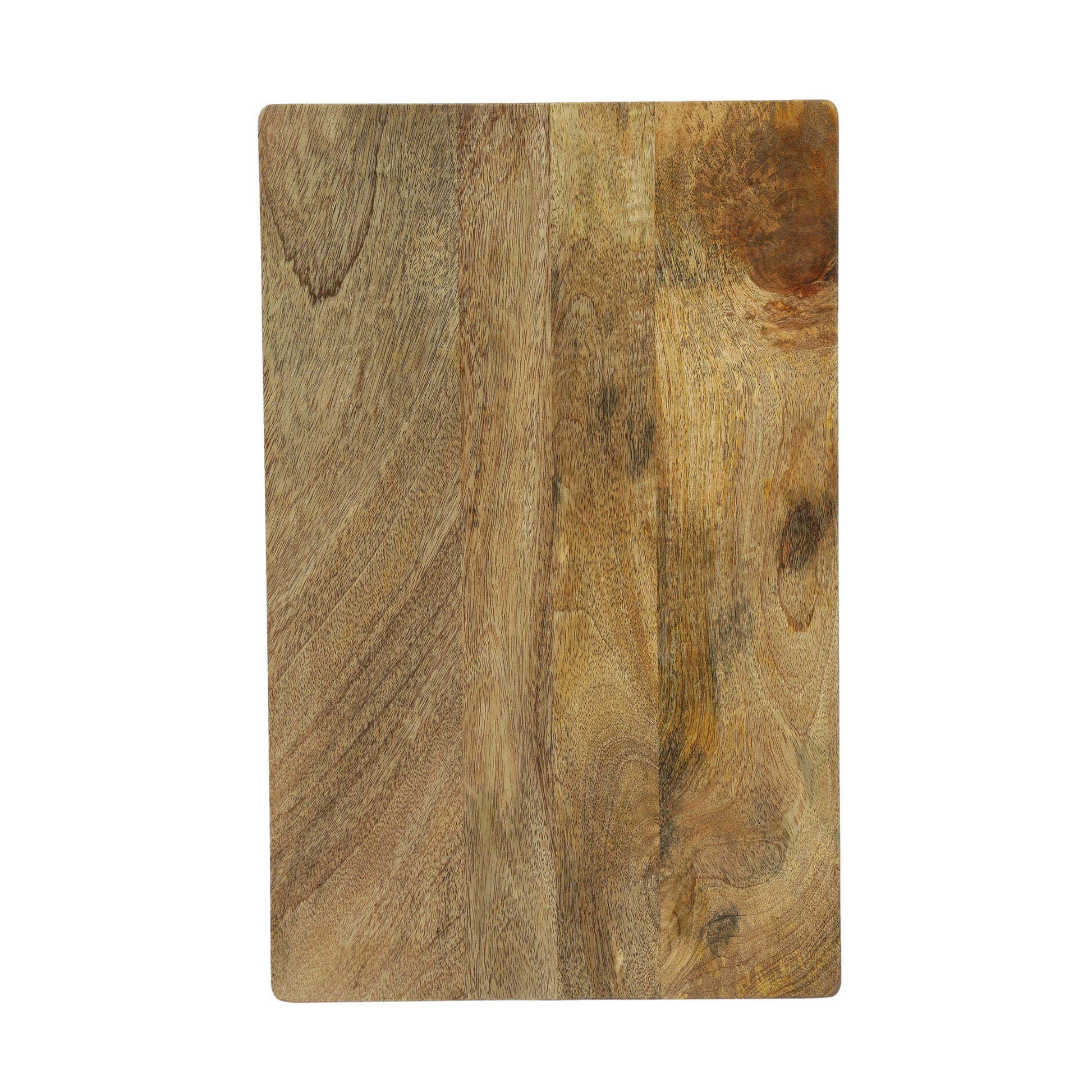 Rectangular wooden cutting board with visible wood grain and knots