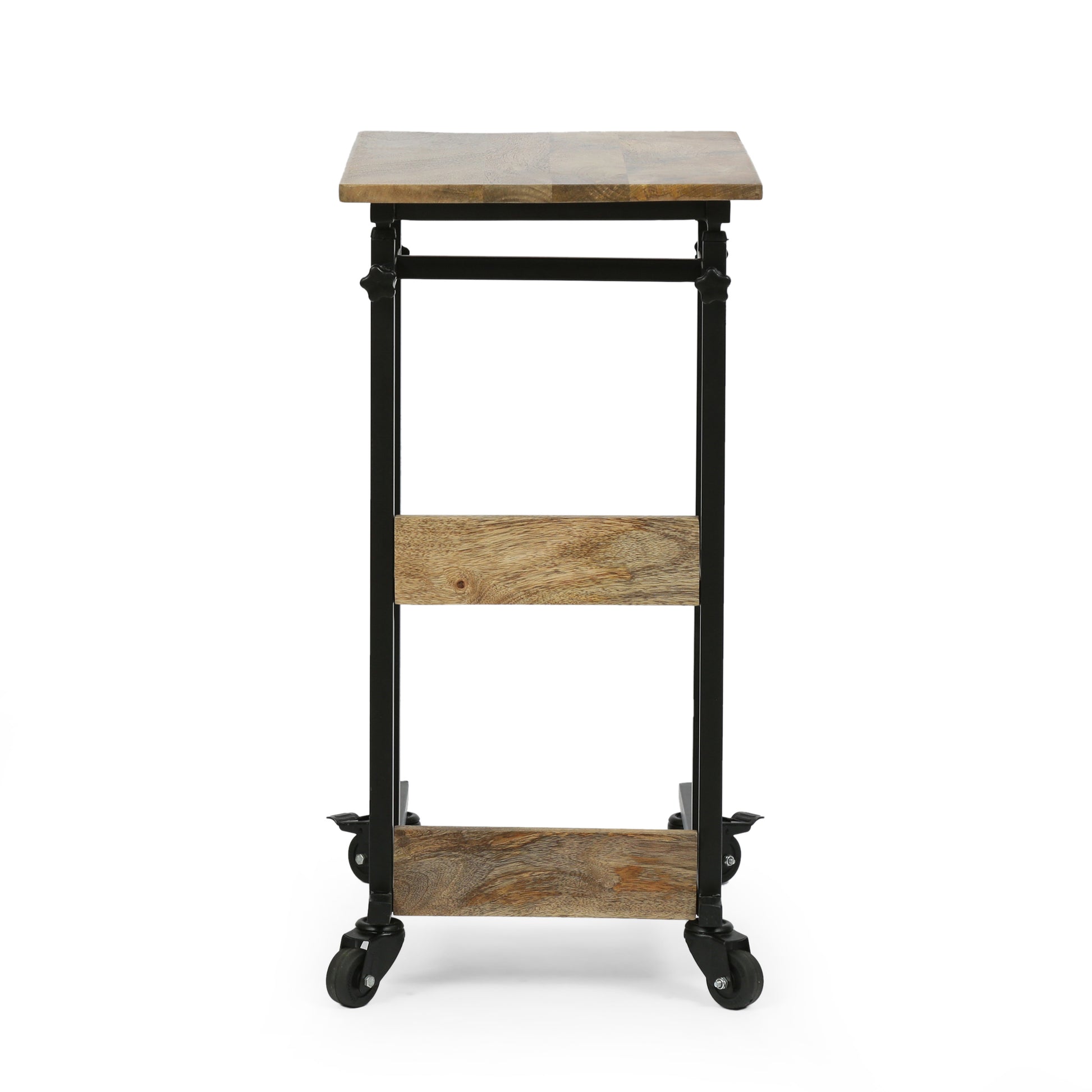 Industrial style wood and metal side table with wheels