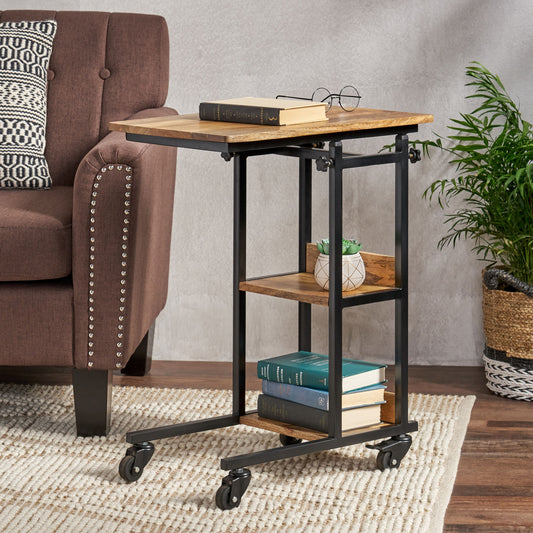 Industrial C table with wood top metal frame and wheels for easy movement