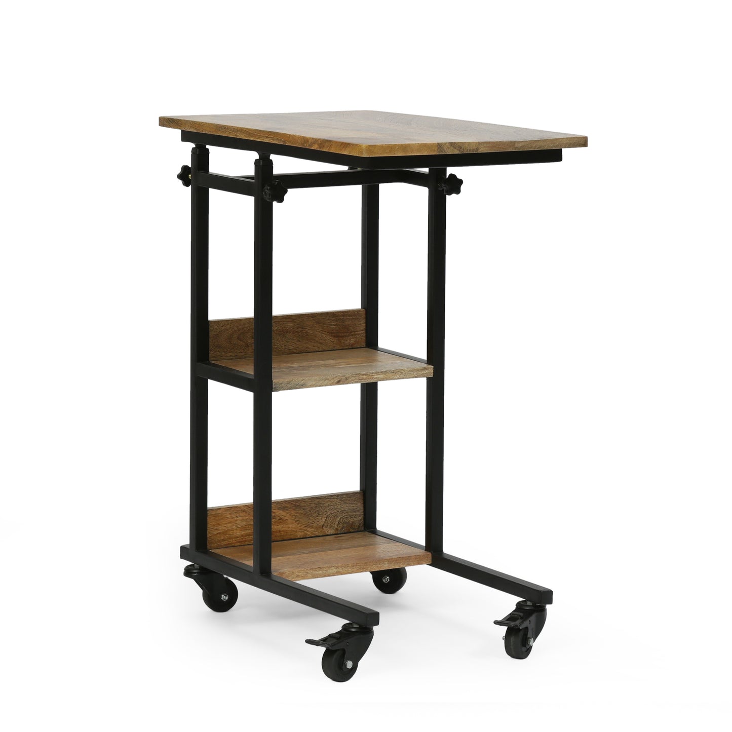 Industrial side table with natural wood top and shelves black metal frame on wheels