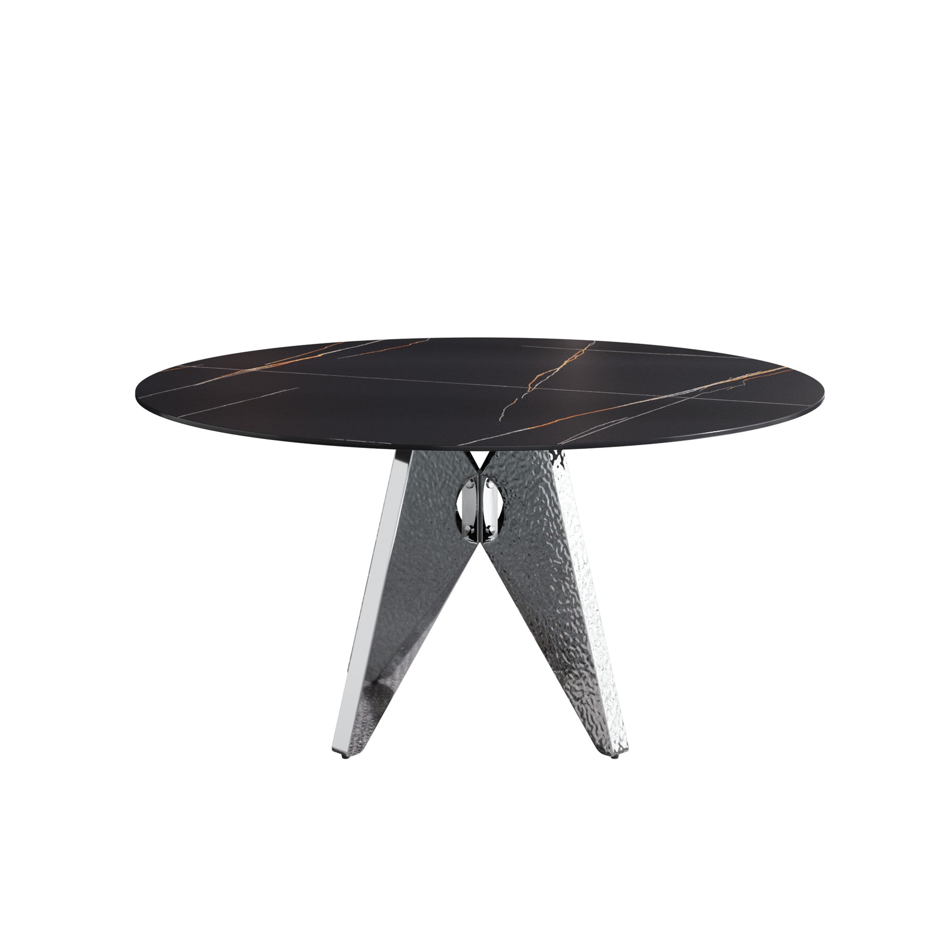 Round black marble coffee table with gold veining and chrome base