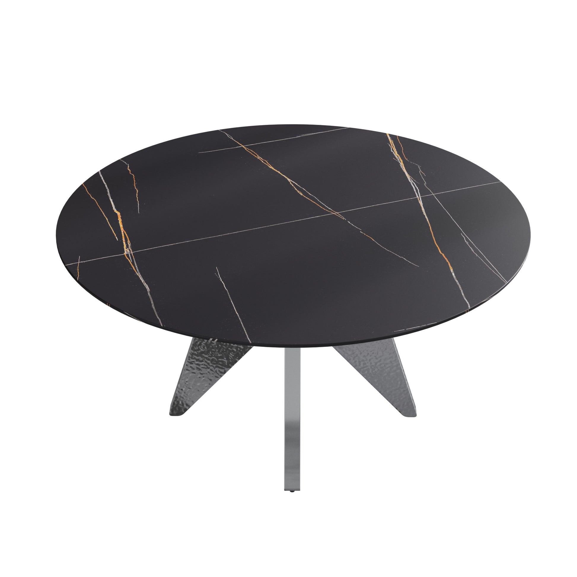 Round black marble coffee table with gold and silver veining and a metal base