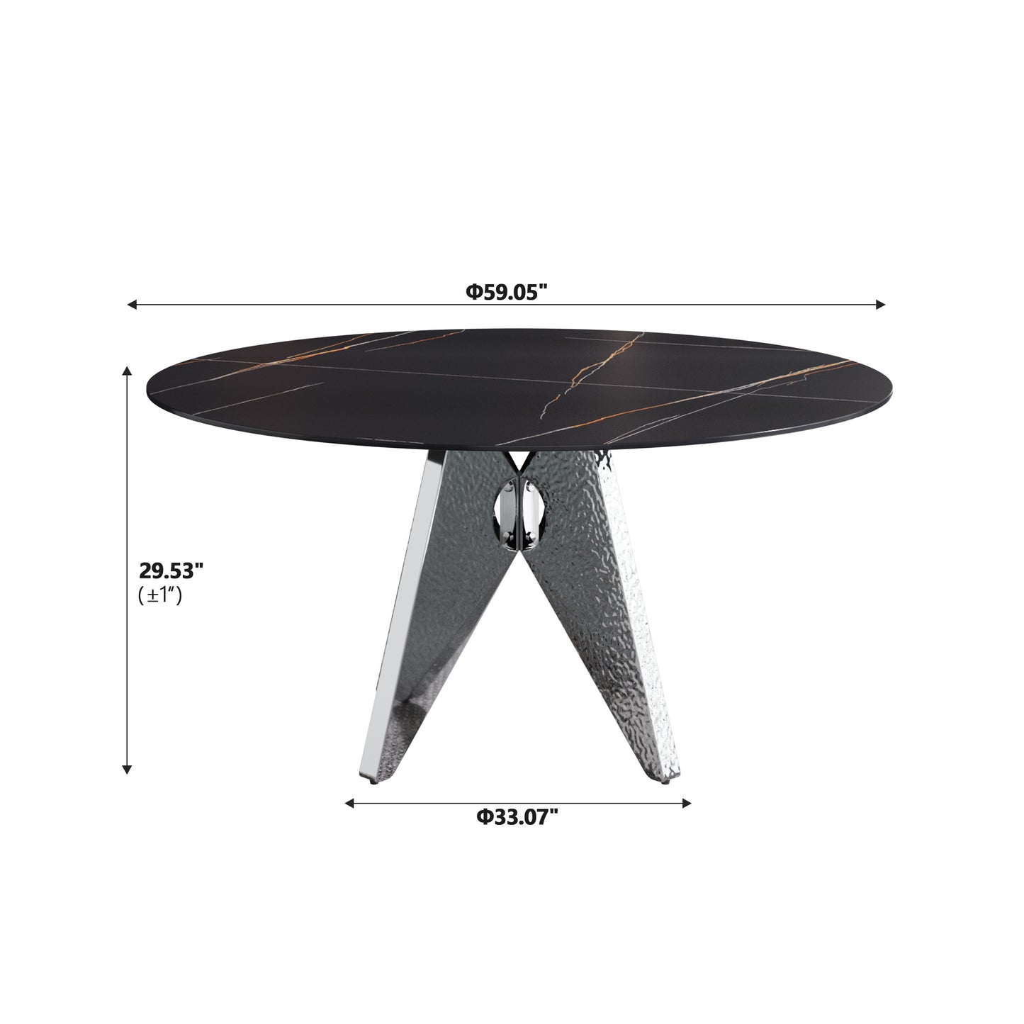 Black marble top dining table with gold veins and textured chrome pedestal base