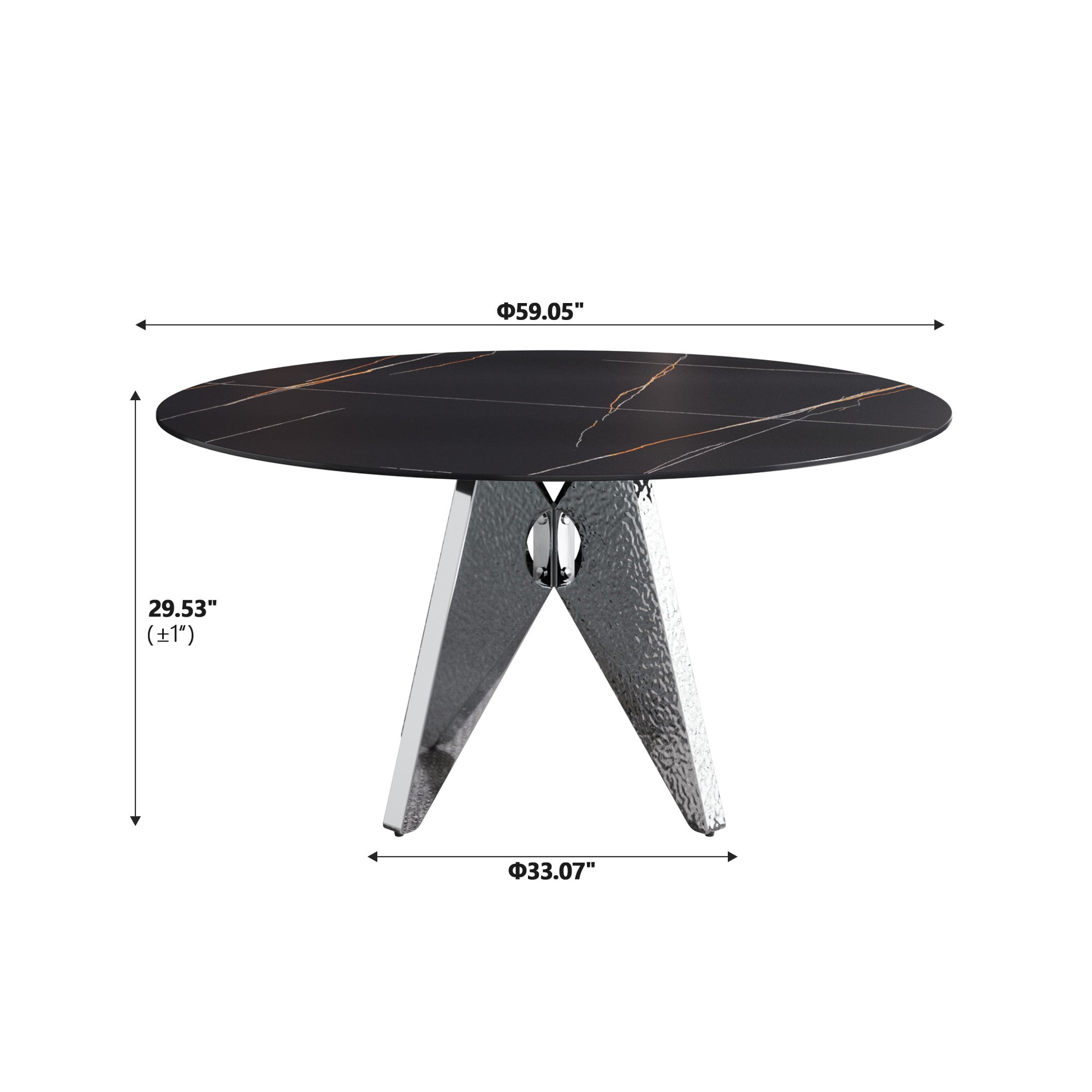 Black marble top dining table with gold veins and textured chrome pedestal base