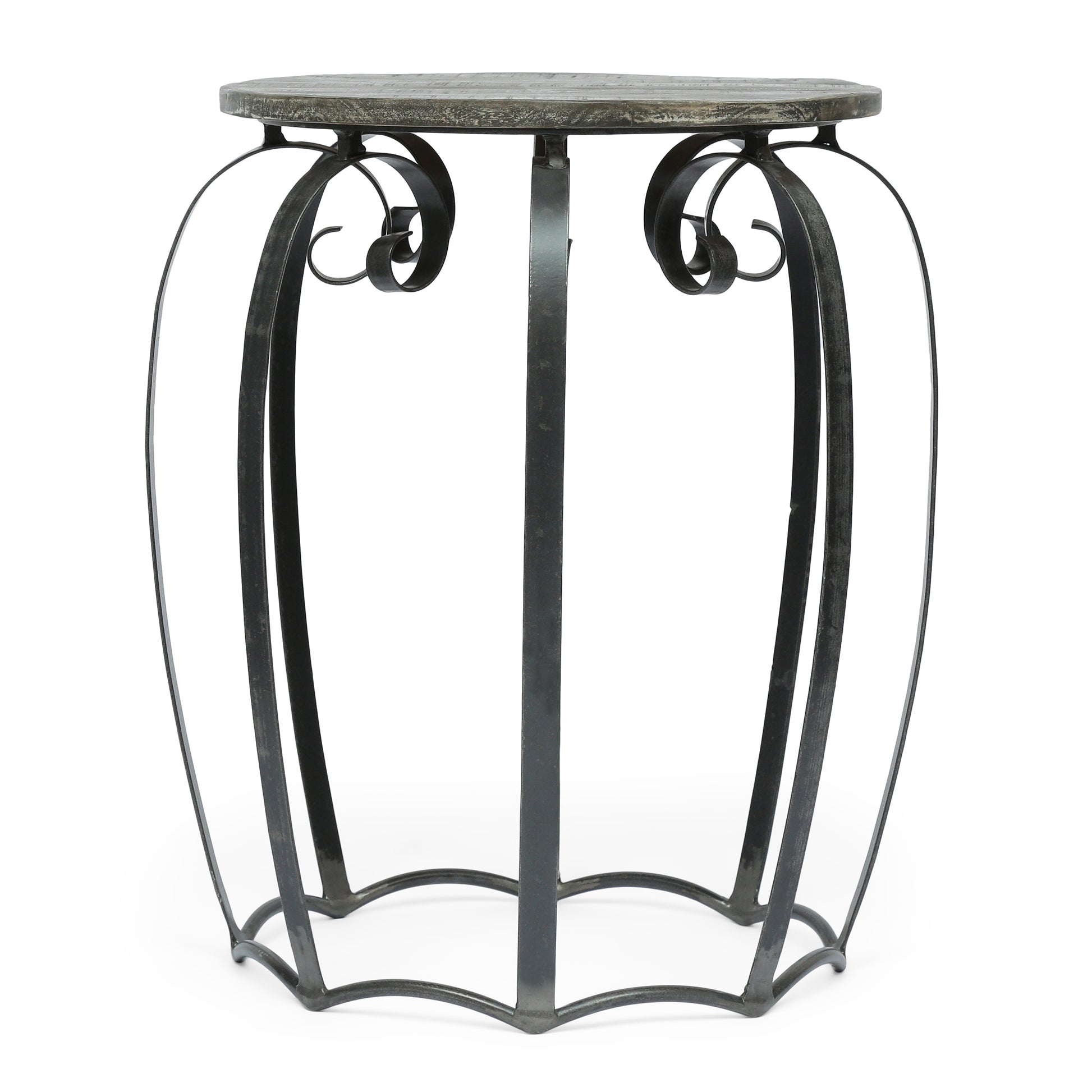 Rustic metal plant stand with distressed wood tabletop and ornate scrollwork legs
