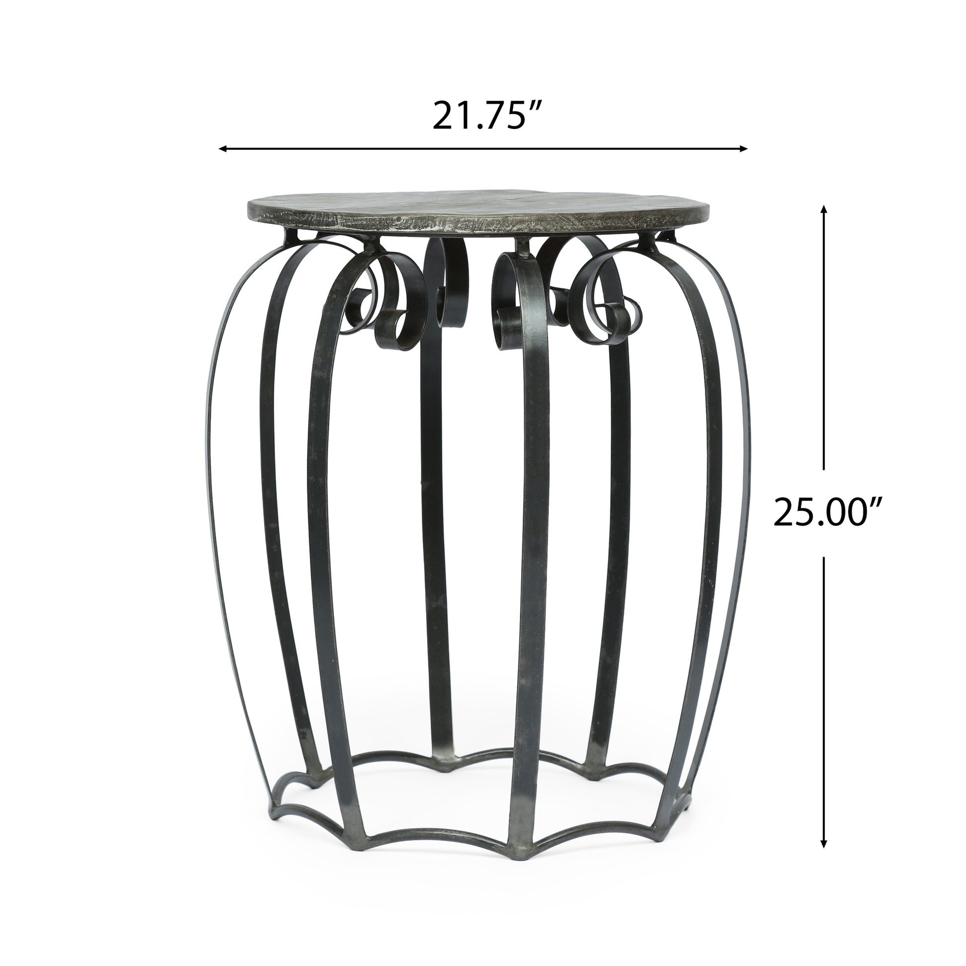 Ornate black metal garden stool with a distressed grey tabletop and scrolled accents  wide