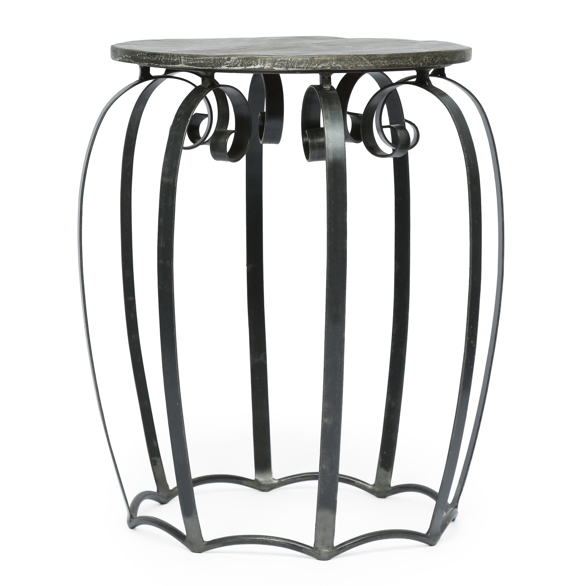 Antiquestyle black metal garden stool with decorative scrollwork and a grey stoneeffect top