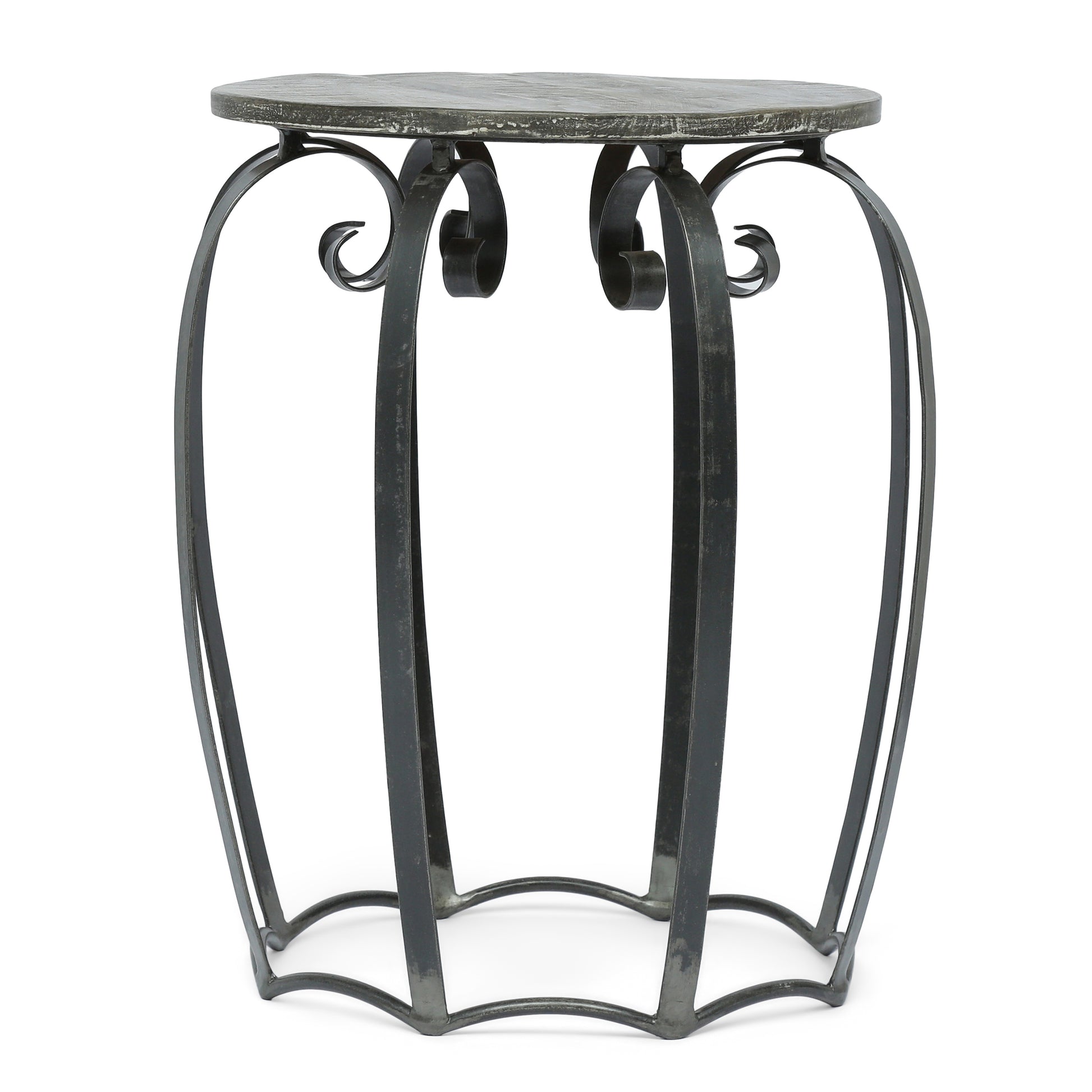 Rustic metal accent table with scrolled legs and a textured grey top