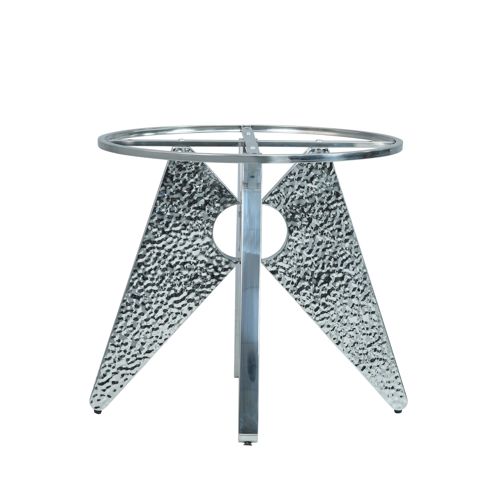 Textured silver metal table base with geometric legs and circular cutouts