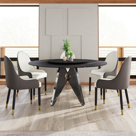 Black marble dining table with rotating top and modern chrome base