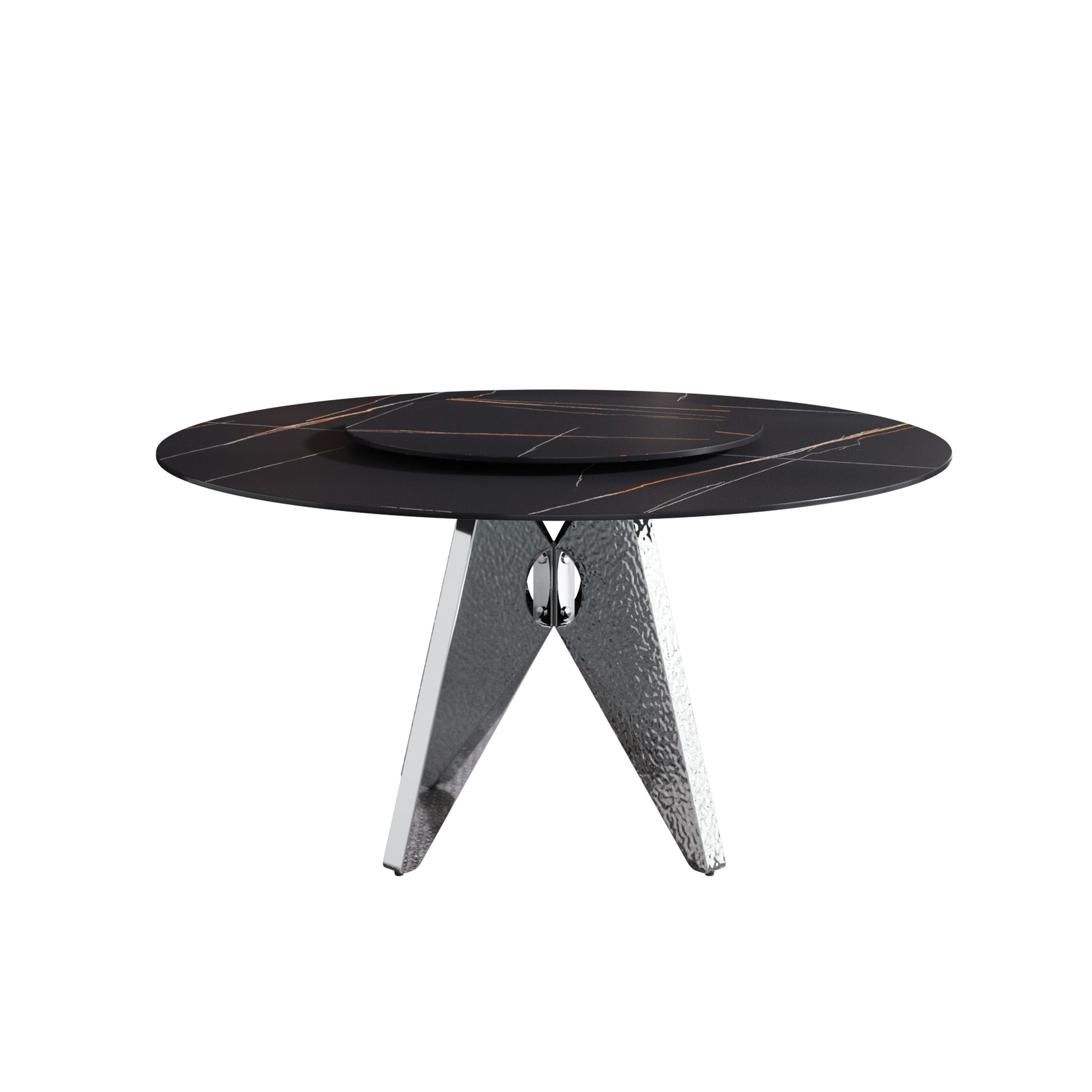 Black marble round coffee table with gold veins and chrome base