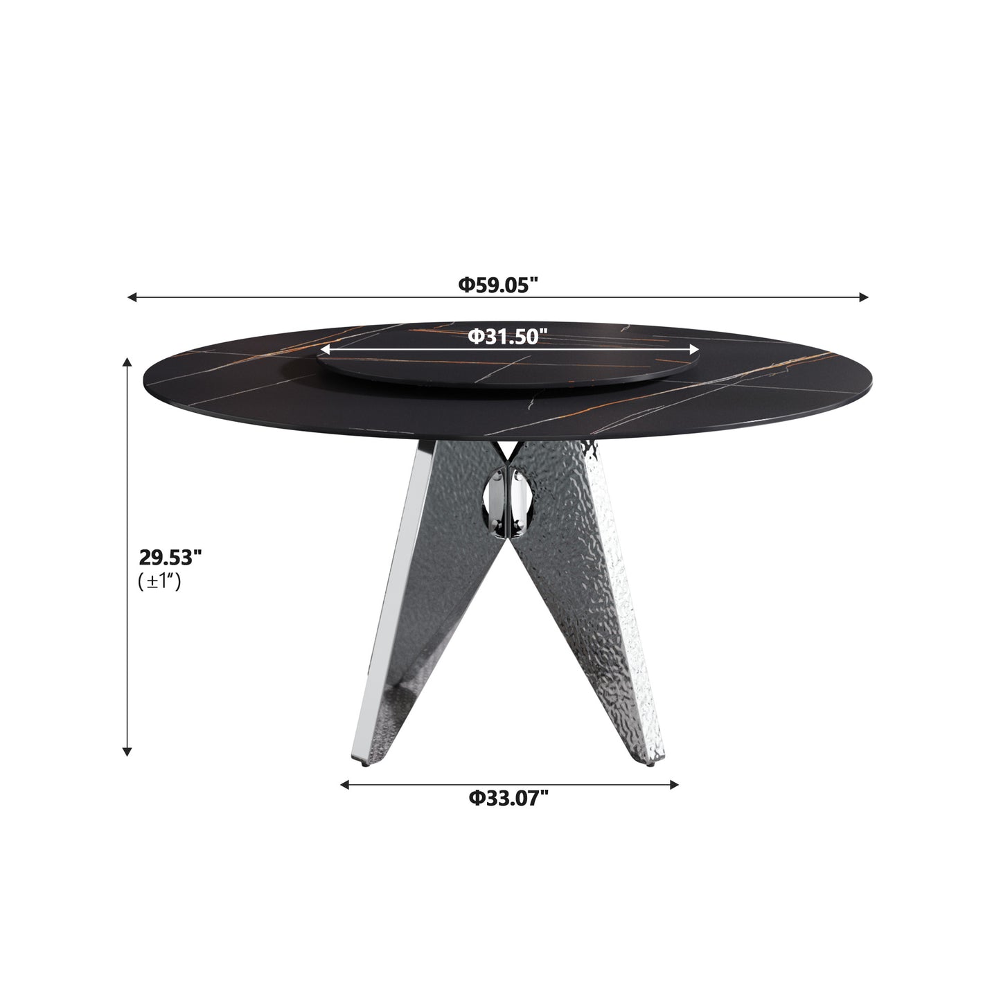 Black marble dining table with gold veining and a rotating tray centerpiece