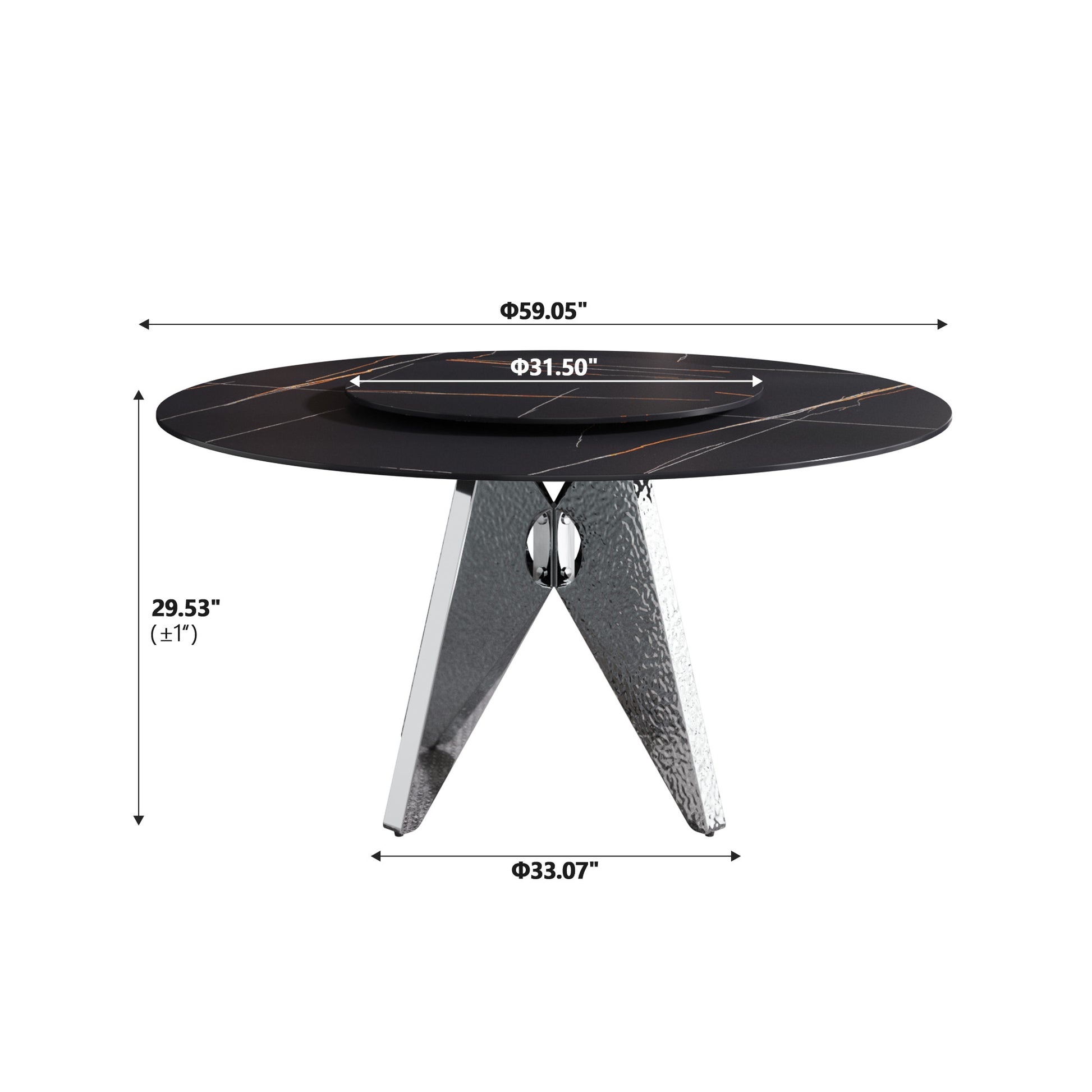 Black marble dining table with gold veining and a rotating tray centerpiece