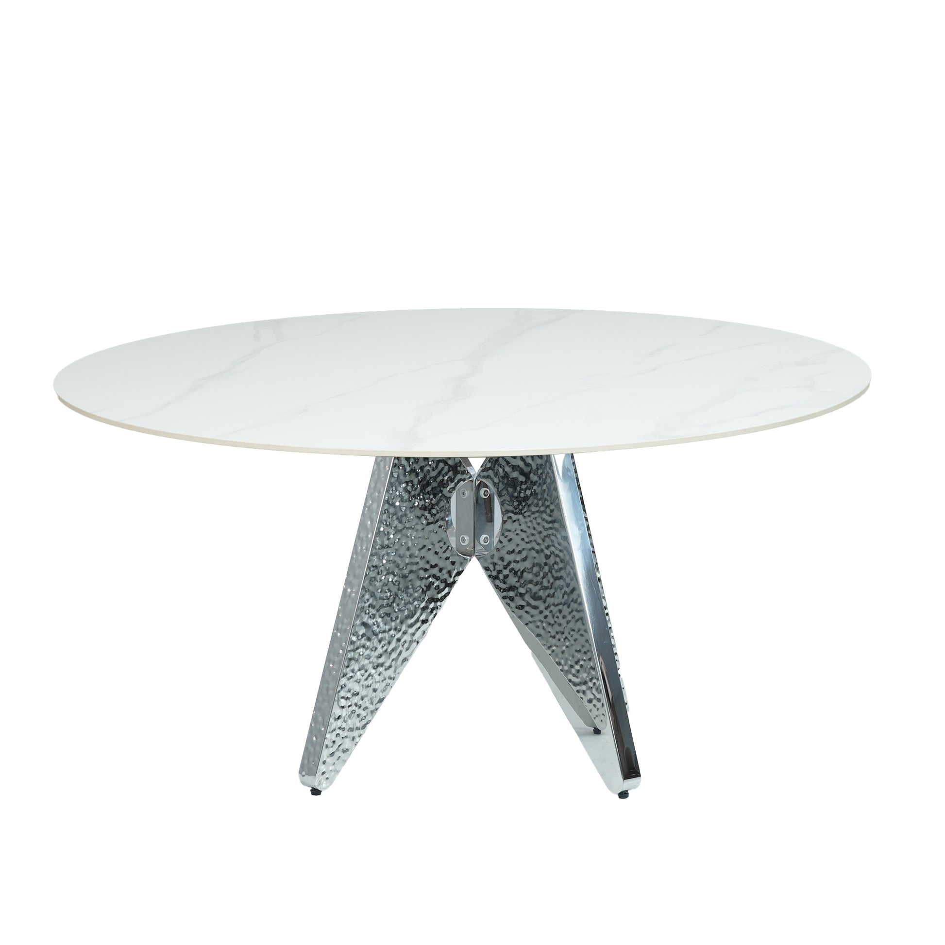 Round marbletop dining table with textured chrome base
